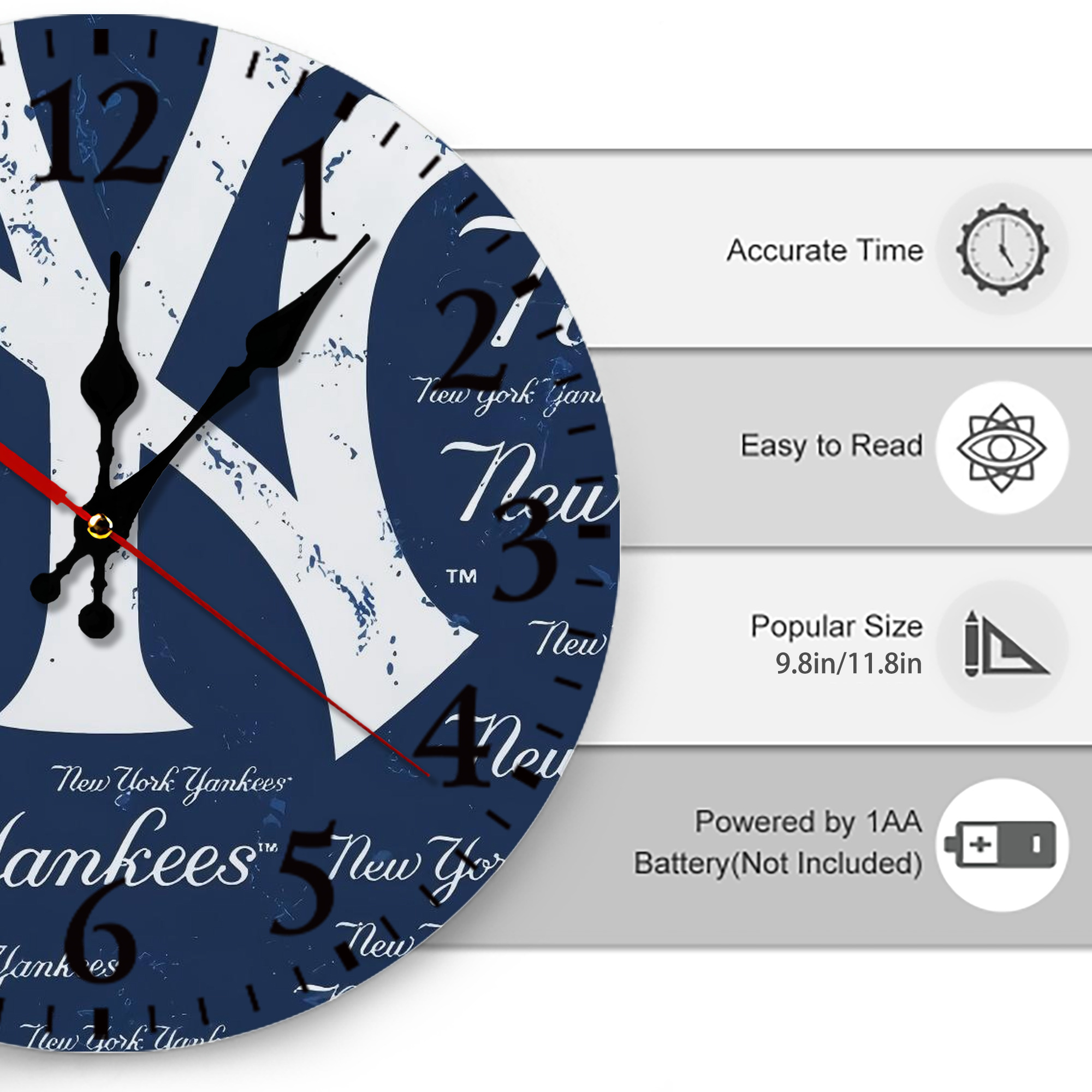 New York Yankees 117 Silent Round Wall Clock – Modern & Stylish DIY Design, Durable Wood Construction, Easy To Install – Perfect For Office, Bedroom, Living Room, And More
