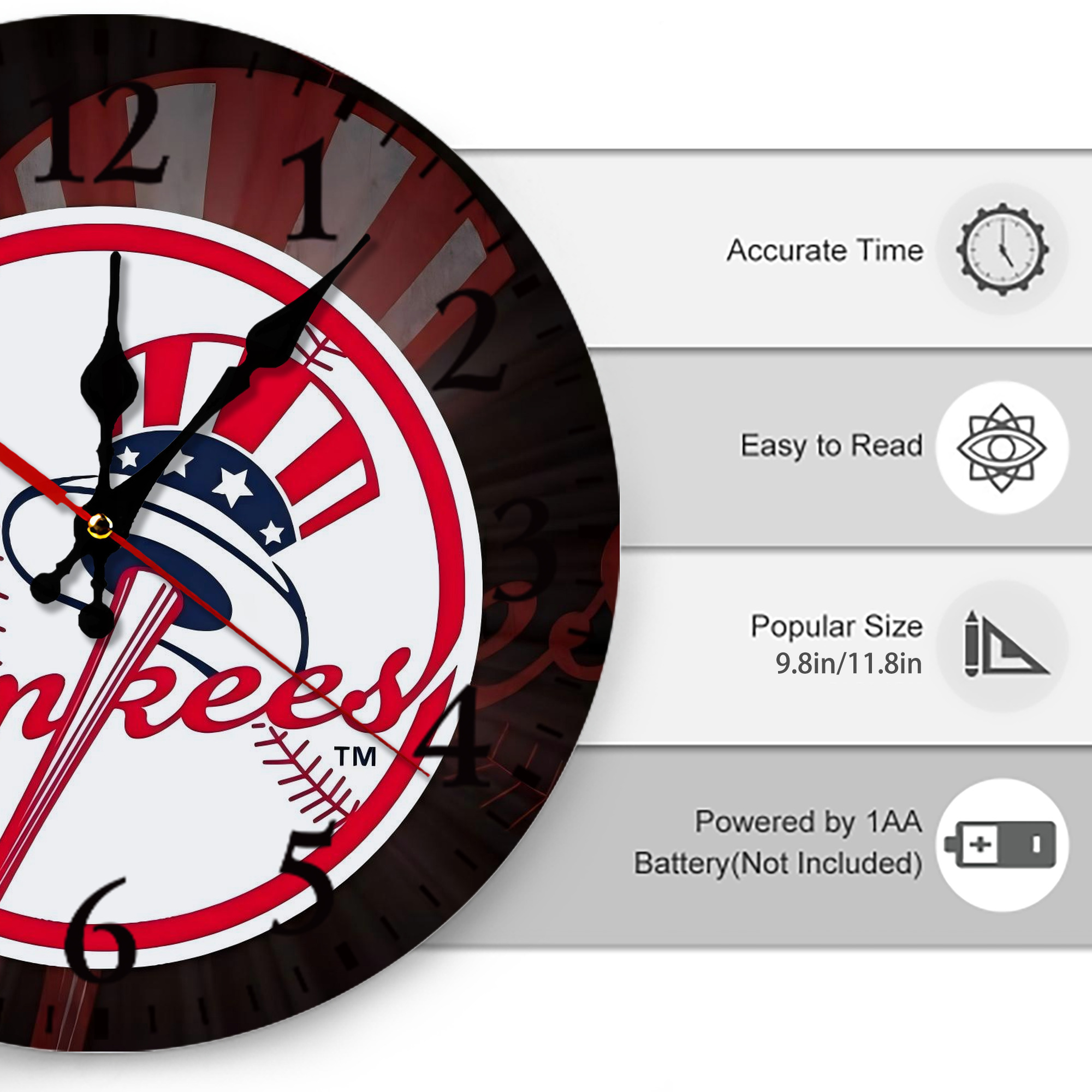 New York Yankees 124 Silent Round Wall Clock – Modern & Stylish DIY Design, Durable Wood Construction, Easy To Install – Perfect For Office, Bedroom, Living Room, And More