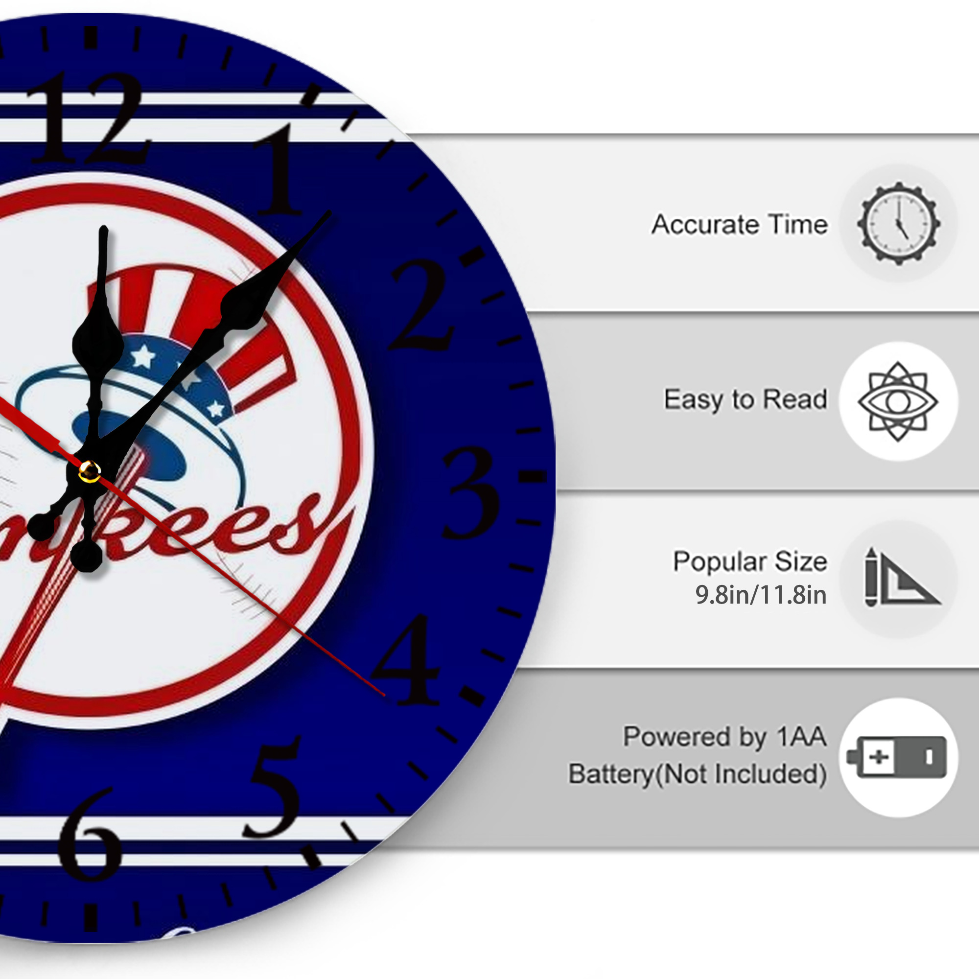 New York Yankees 139 Silent Round Wall Clock – Modern & Stylish DIY Design, Durable Wood Construction, Easy To Install – Perfect For Office, Bedroom, Living Room, And More