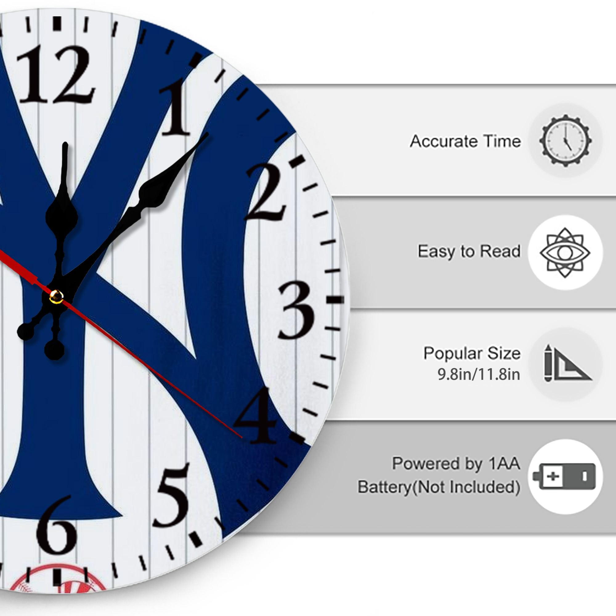 New York Yankees 130 Silent Round Wall Clock – Modern & Stylish DIY Design, Durable Wood Construction, Easy To Install – Perfect For Office, Bedroom, Living Room, And More