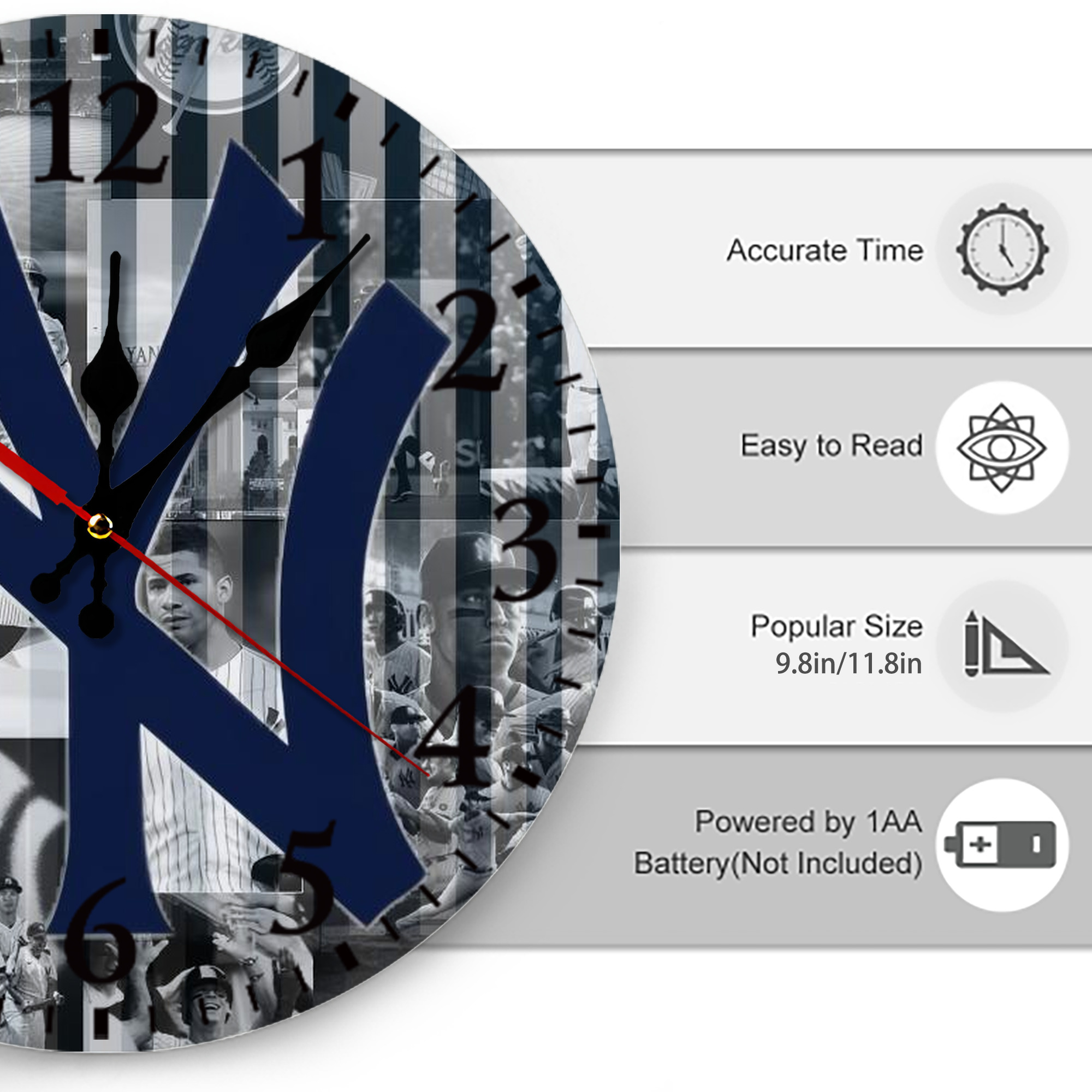 New York Yankees 135 Silent Round Wall Clock – Modern & Stylish DIY Design, Durable Wood Construction, Easy To Install – Perfect For Office, Bedroom, Living Room, And More