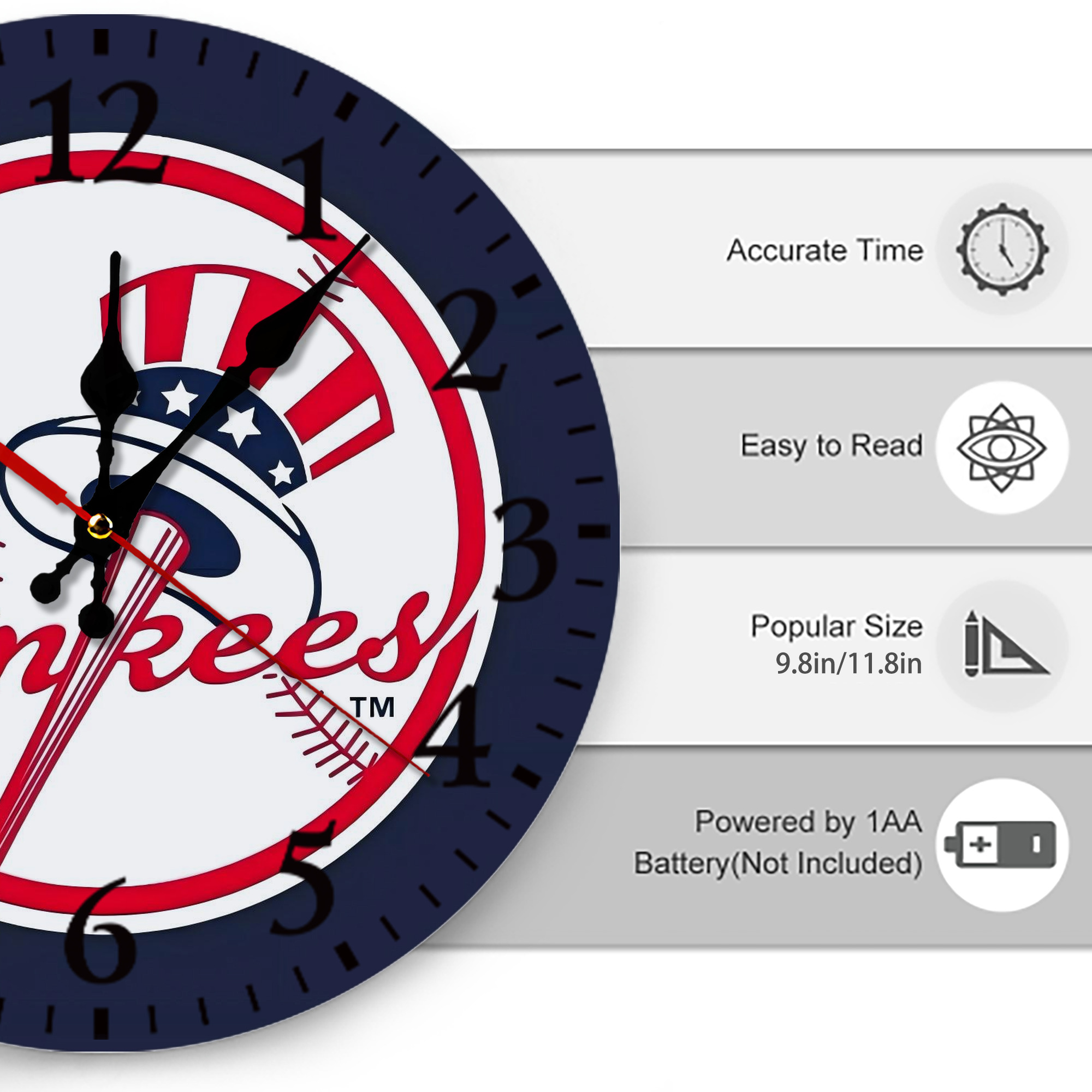 New York Yankees 157 Silent Round Wall Clock – Modern & Stylish DIY Design, Durable Wood Construction, Easy To Install – Perfect For Office, Bedroom, Living Room, And More