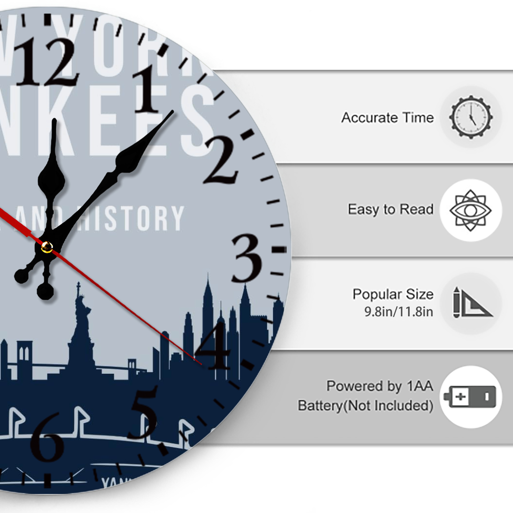 New York Yankees 141 Silent Round Wall Clock – Modern & Stylish DIY Design, Durable Wood Construction, Easy To Install – Perfect For Office, Bedroom, Living Room, And More