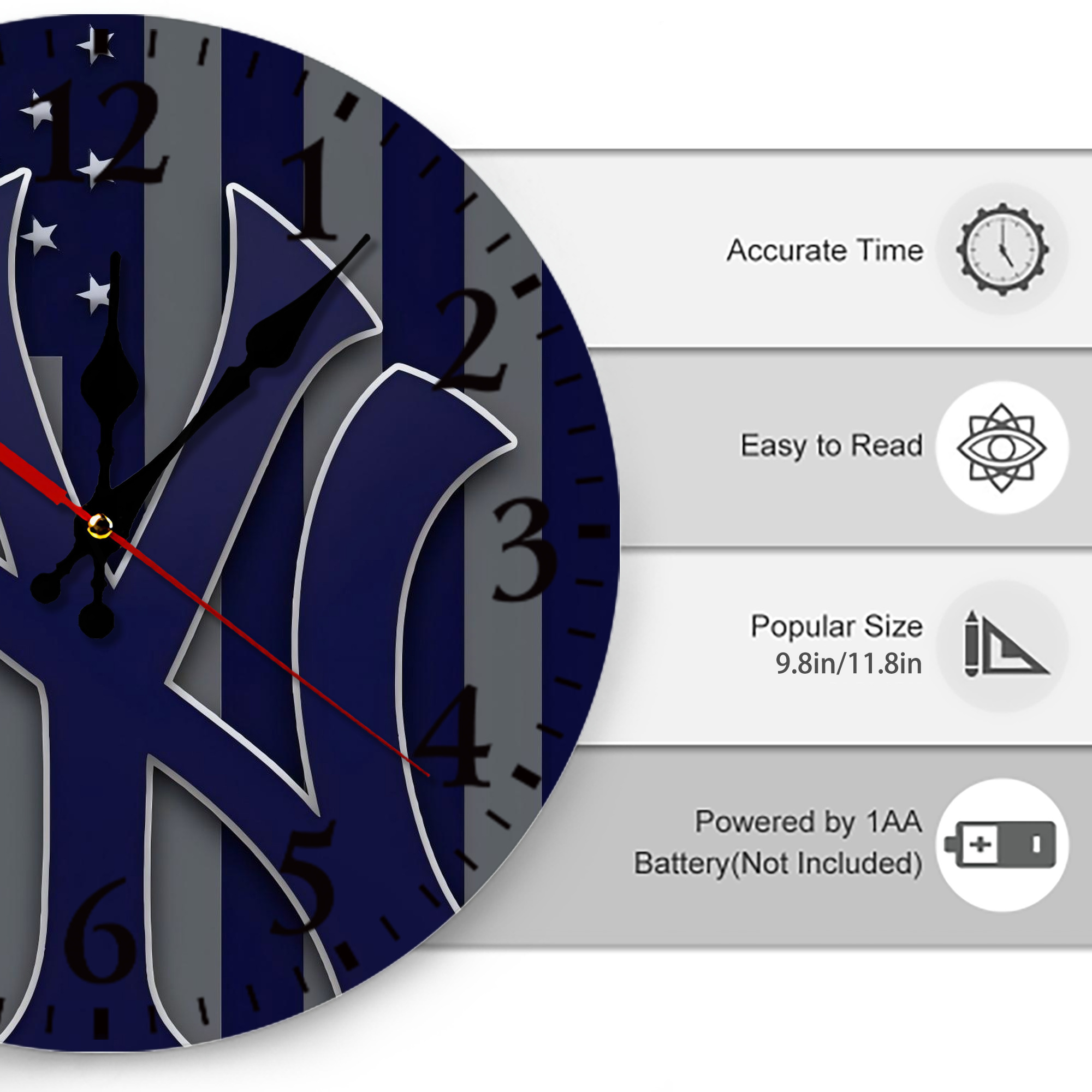 New York Yankees 162 Silent Round Wall Clock – Modern & Stylish DIY Design, Durable Wood Construction, Easy To Install – Perfect For Office, Bedroom, Living Room, And More