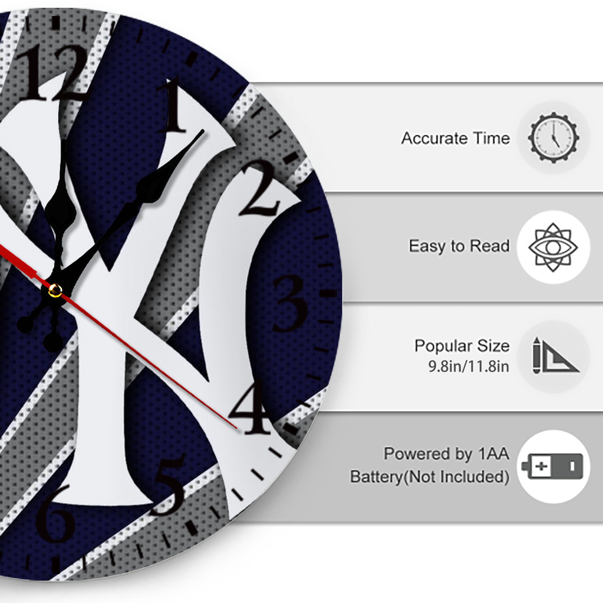 New York Yankees 168 Silent Round Wall Clock – Modern & Stylish DIY Design, Durable Wood Construction, Easy To Install – Perfect For Office, Bedroom, Living Room, And More