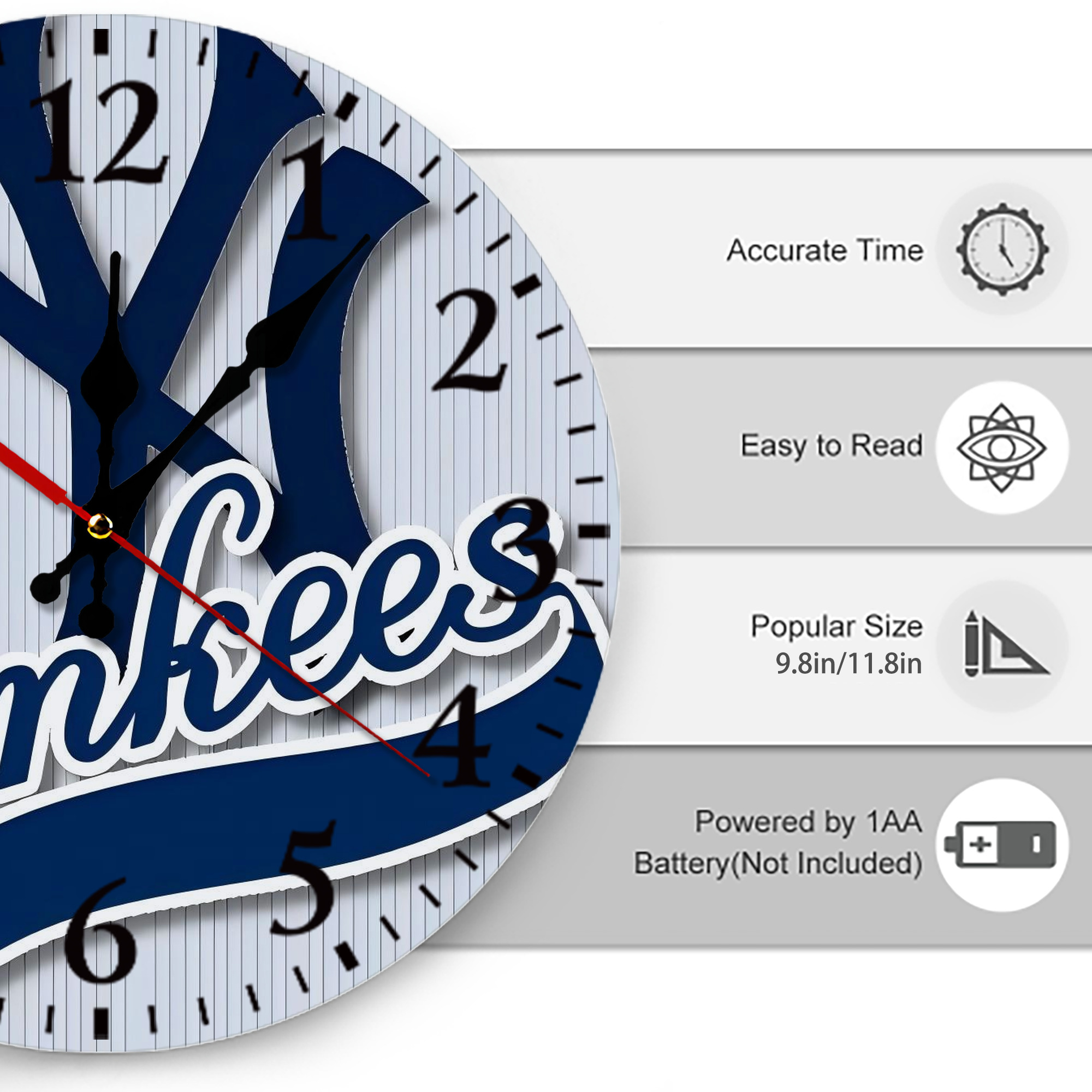 New York Yankees 151 Silent Round Wall Clock – Modern & Stylish DIY Design, Durable Wood Construction, Easy To Install – Perfect For Office, Bedroom, Living Room, And More