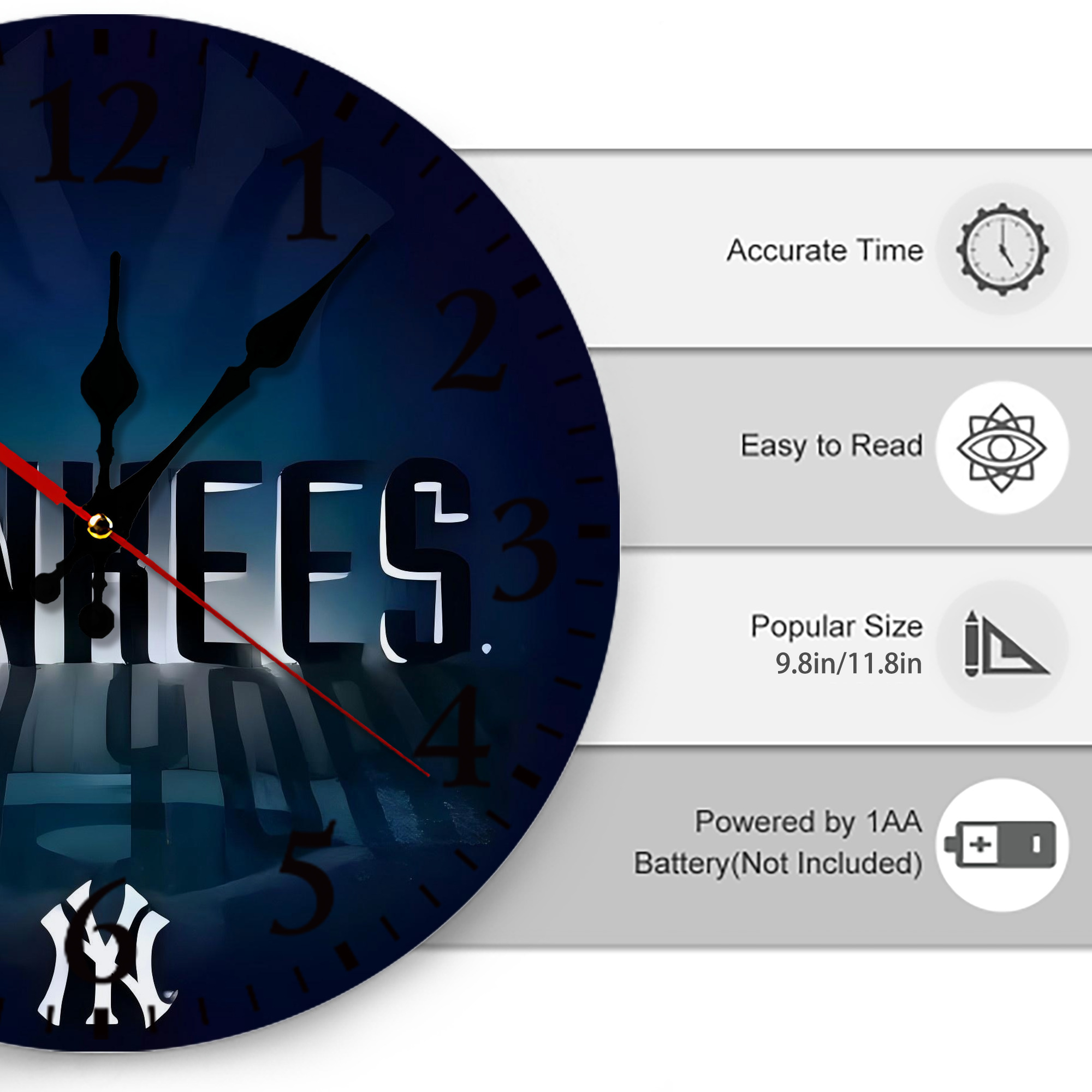 New York Yankees 160 Silent Round Wall Clock – Modern & Stylish DIY Design, Durable Wood Construction, Easy To Install – Perfect For Office, Bedroom, Living Room, And More