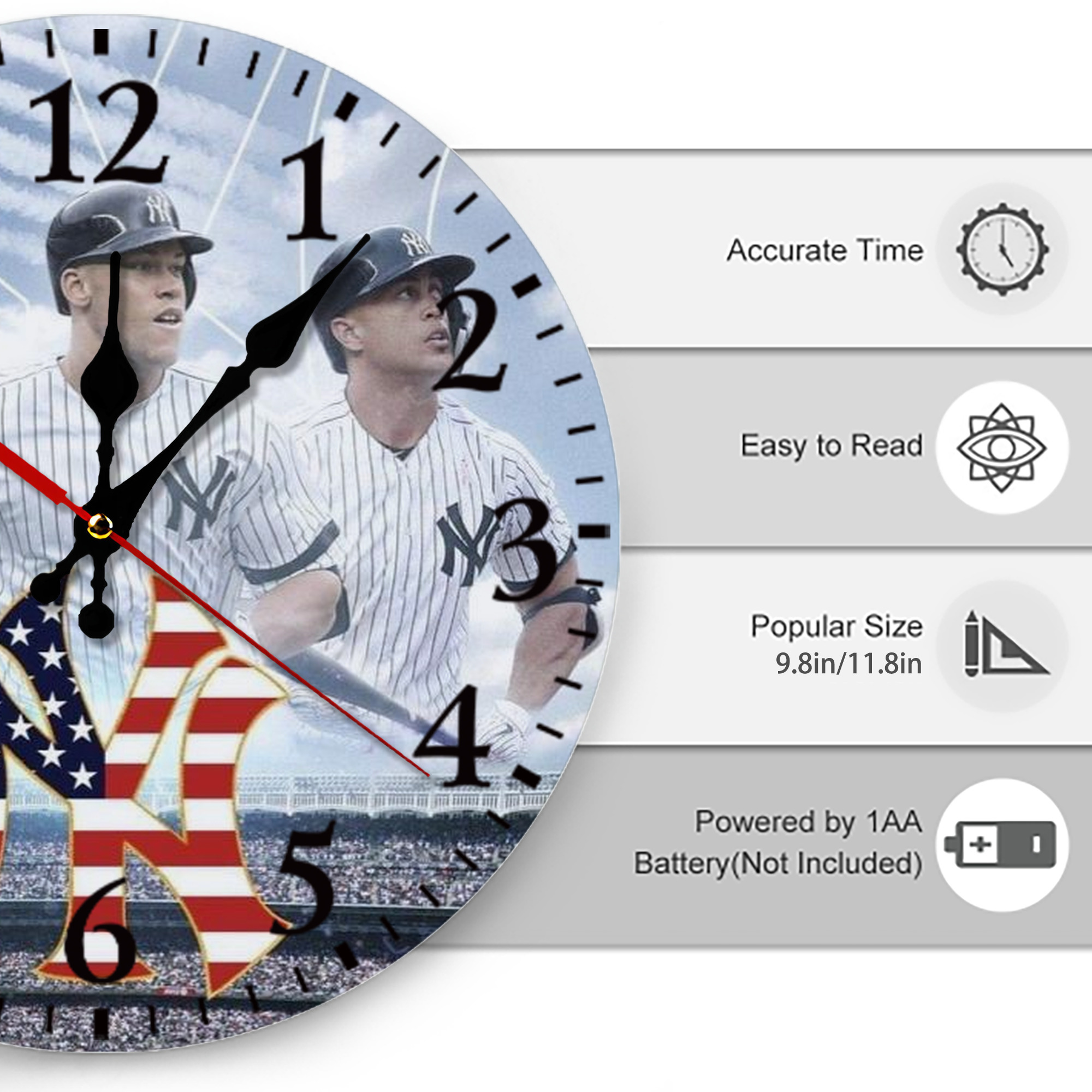 New York Yankees 161 Silent Round Wall Clock – Modern & Stylish DIY Design, Durable Wood Construction, Easy To Install – Perfect For Office, Bedroom, Living Room, And More