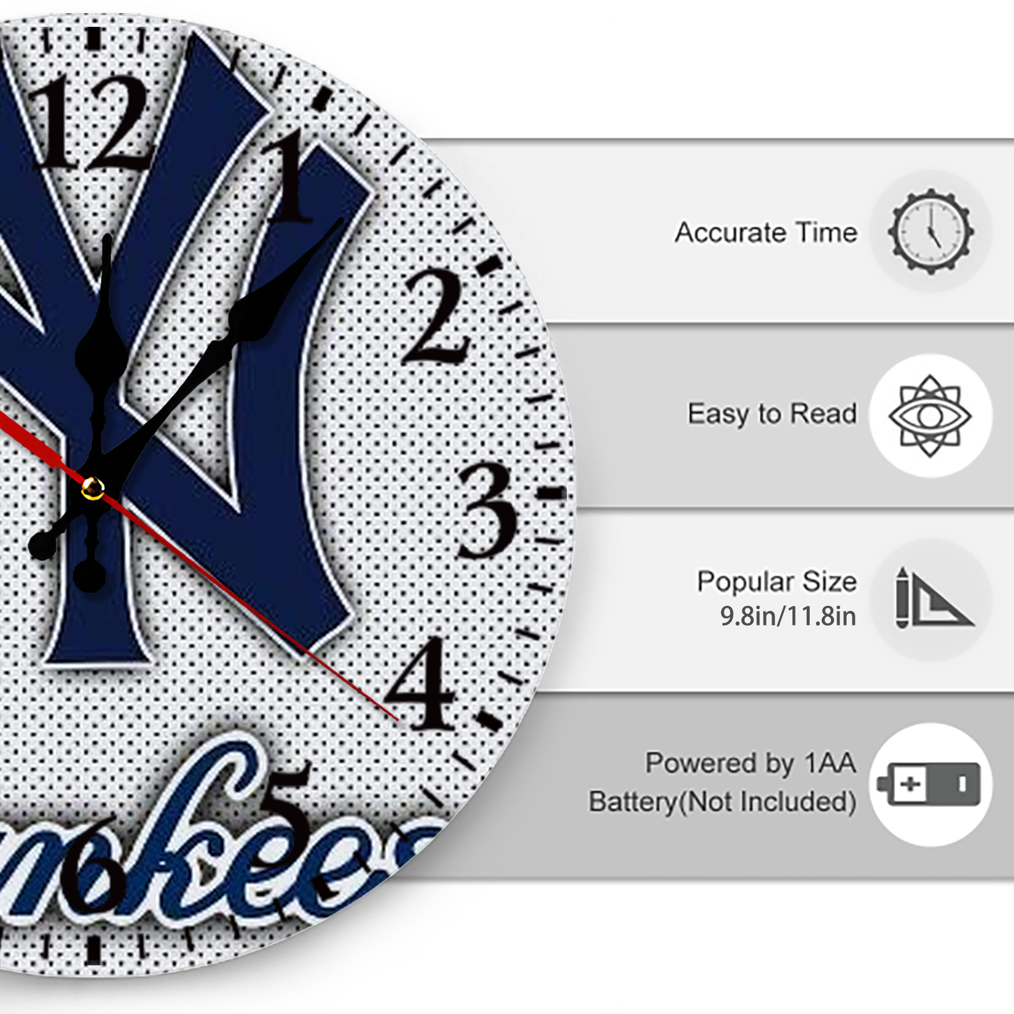 New York Yankees 192 Silent Round Wall Clock – Modern & Stylish DIY Design, Durable Wood Construction, Easy To Install – Perfect For Office, Bedroom, Living Room, And More