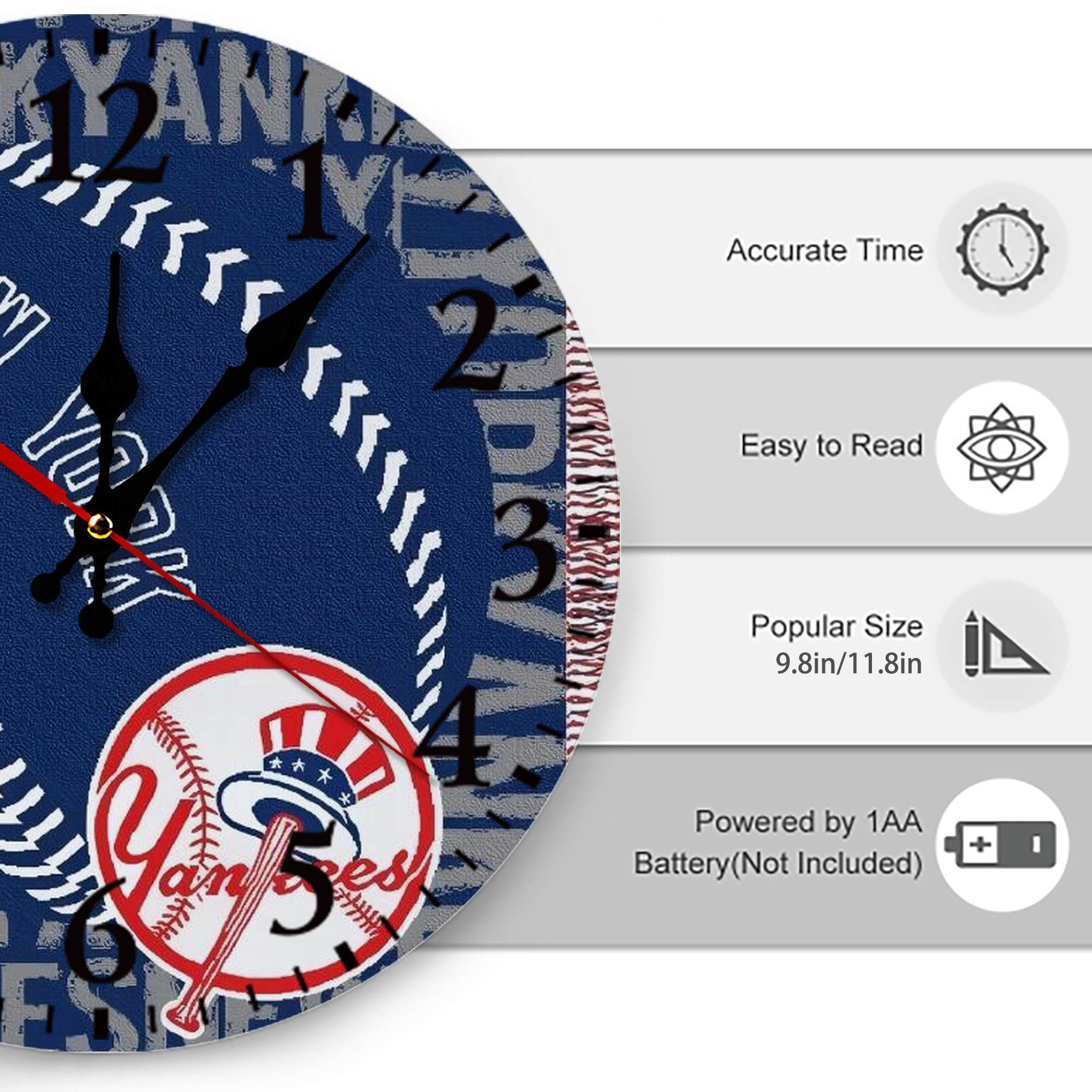 New York Yankees 198 Silent Round Wall Clock – Modern & Stylish DIY Design, Durable Wood Construction, Easy To Install – Perfect For Office, Bedroom, Living Room, And More