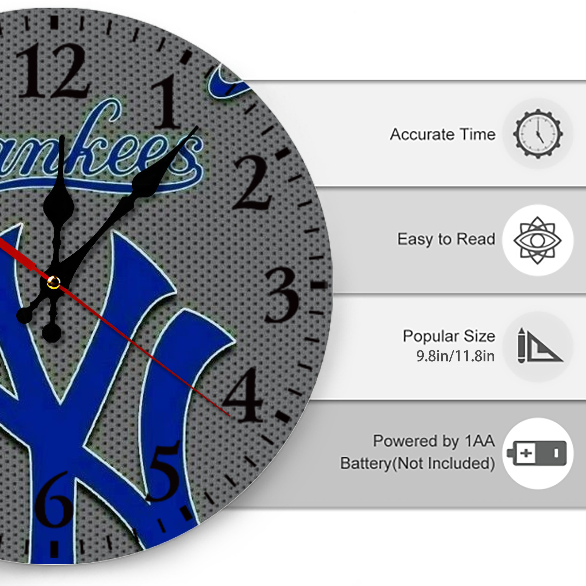 New York Yankees 180 Silent Round Wall Clock – Modern & Stylish DIY Design, Durable Wood Construction, Easy To Install – Perfect For Office, Bedroom, Living Room, And More