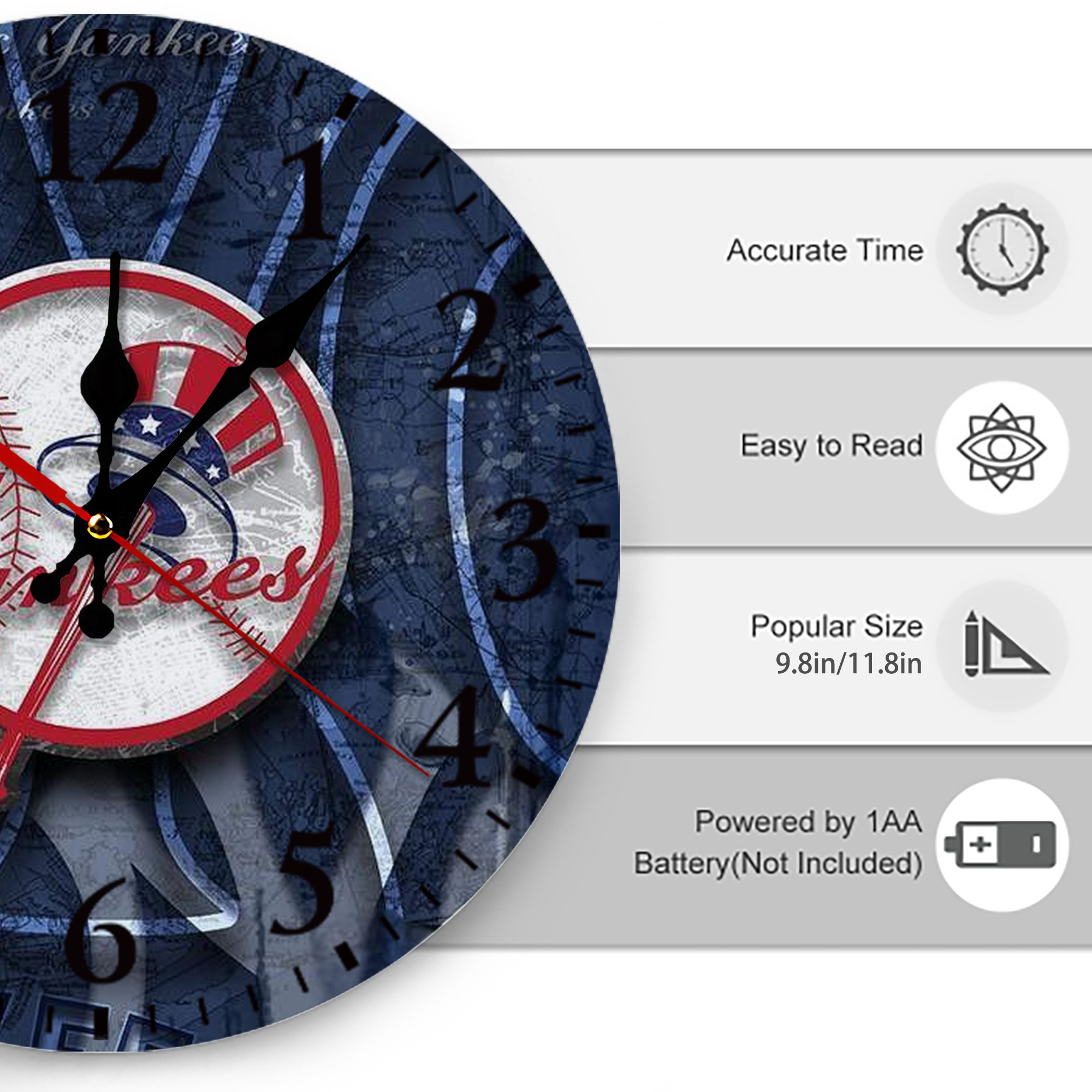 New York Yankees 190 Silent Round Wall Clock – Modern & Stylish DIY Design, Durable Wood Construction, Easy To Install – Perfect For Office, Bedroom, Living Room, And More