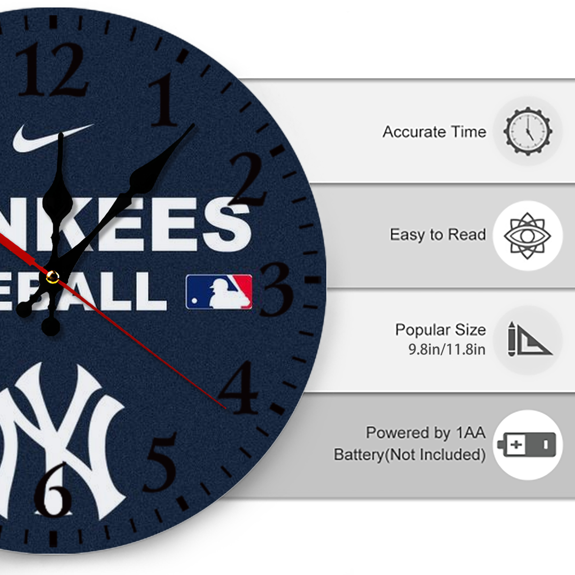 New York Yankees 214 Silent Round Wall Clock – Modern & Stylish DIY Design, Durable Wood Construction, Easy To Install – Perfect For Office, Bedroom, Living Room, And More