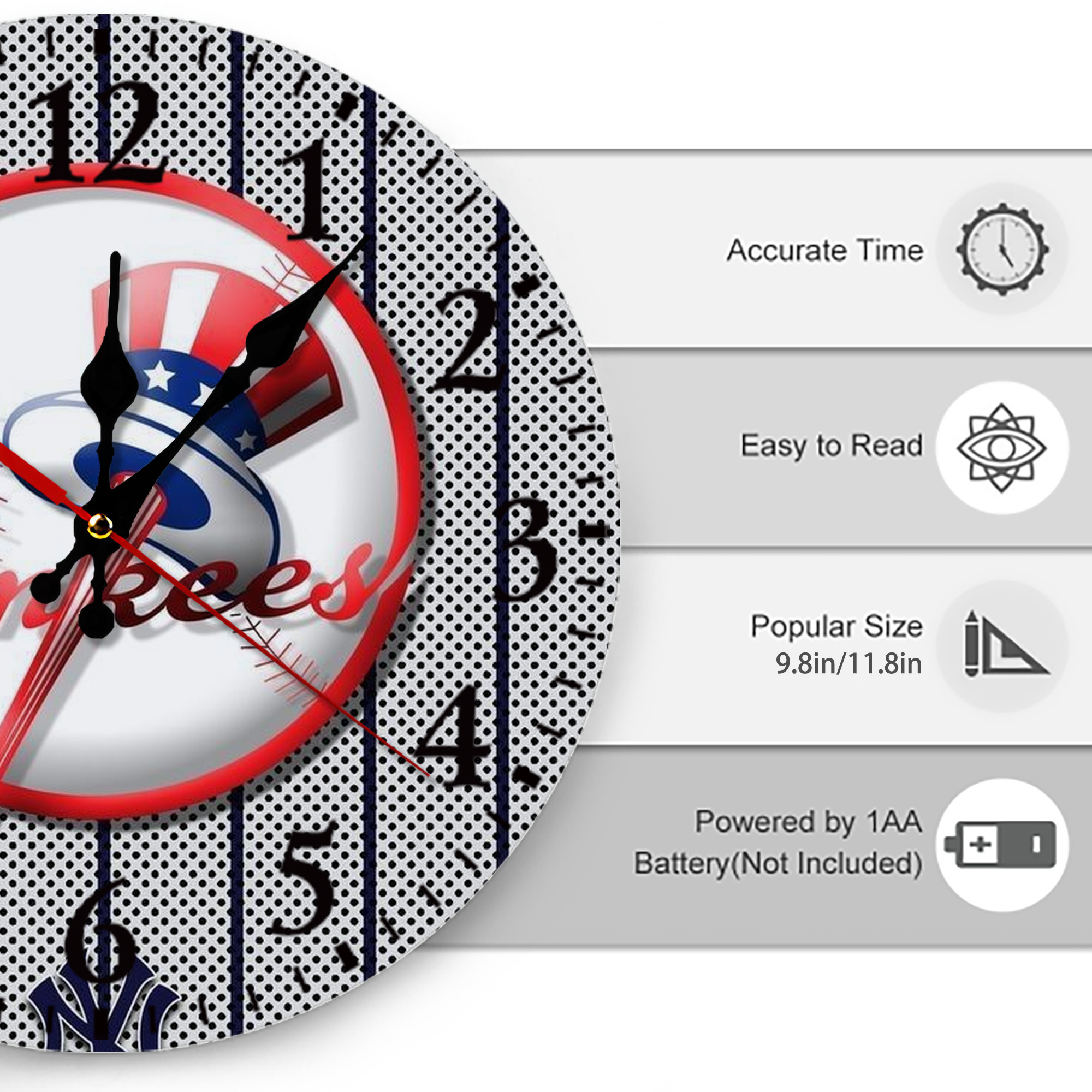 New York Yankees 197 Silent Round Wall Clock – Modern & Stylish DIY Design, Durable Wood Construction, Easy To Install – Perfect For Office, Bedroom, Living Room, And More