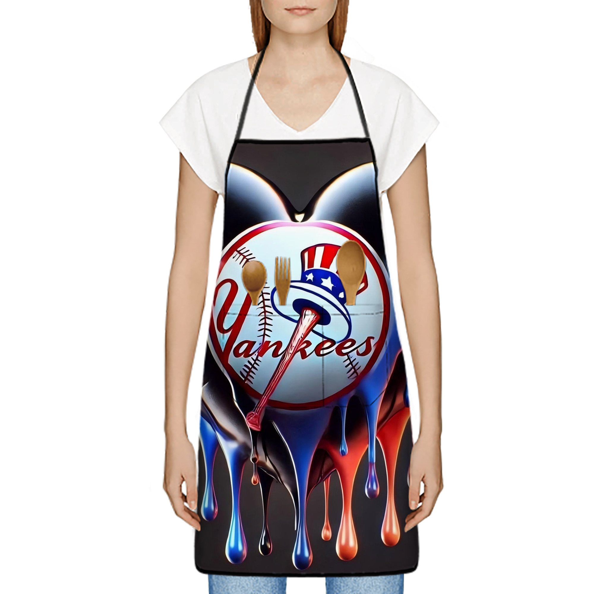 New York Yankees Heart Stain-Resistant Polyester Apron With Pocket – Full Print, Waterproof, Anti-Wrinkle, Anti-Pilling – Ideal For Kitchen, BBQ, Restaurant, Salon & More