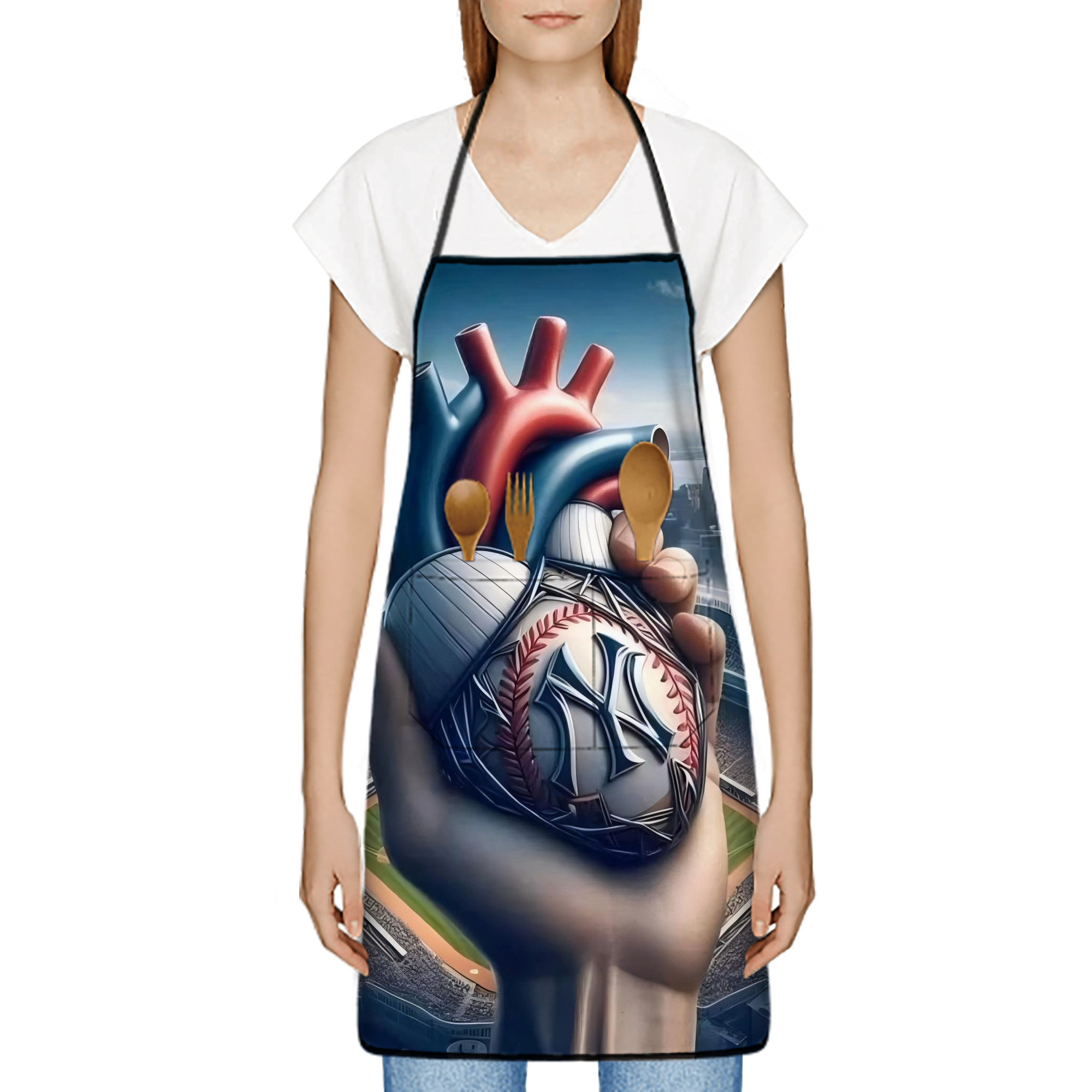New York Yankees Heart Stain-Resistant Polyester Apron With Pocket – Full Print, Waterproof, Anti-Wrinkle, Anti-Pilling – Ideal For Kitchen, BBQ, Restaurant, Salon & More