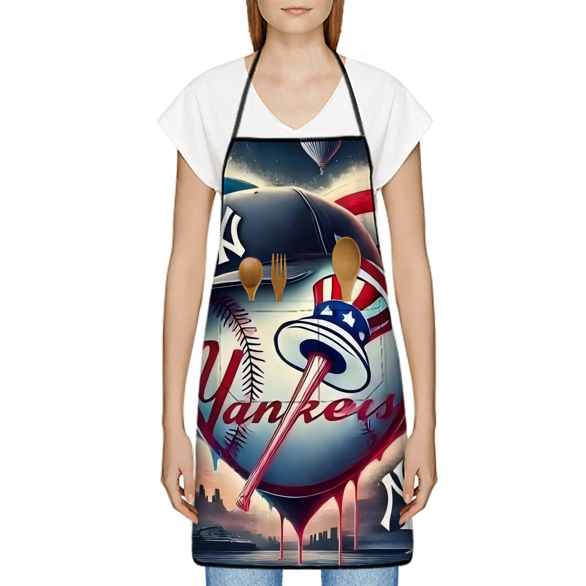 New York Yankees Heart Stain-Resistant Polyester Apron With Pocket – Full Print, Waterproof, Anti-Wrinkle, Anti-Pilling – Ideal For Kitchen, BBQ, Restaurant, Salon & More
