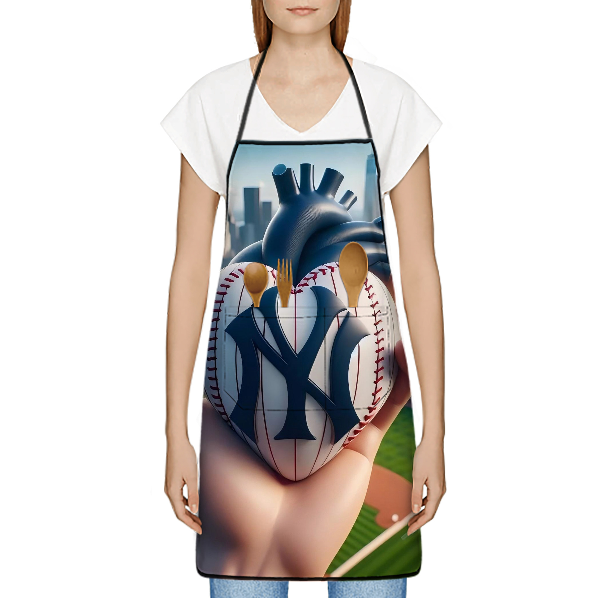 New York Yankees Heart Stain-Resistant Polyester Apron With Pocket – Full Print, Waterproof, Anti-Wrinkle, Anti-Pilling – Ideal For Kitchen, BBQ, Restaurant, Salon & More
