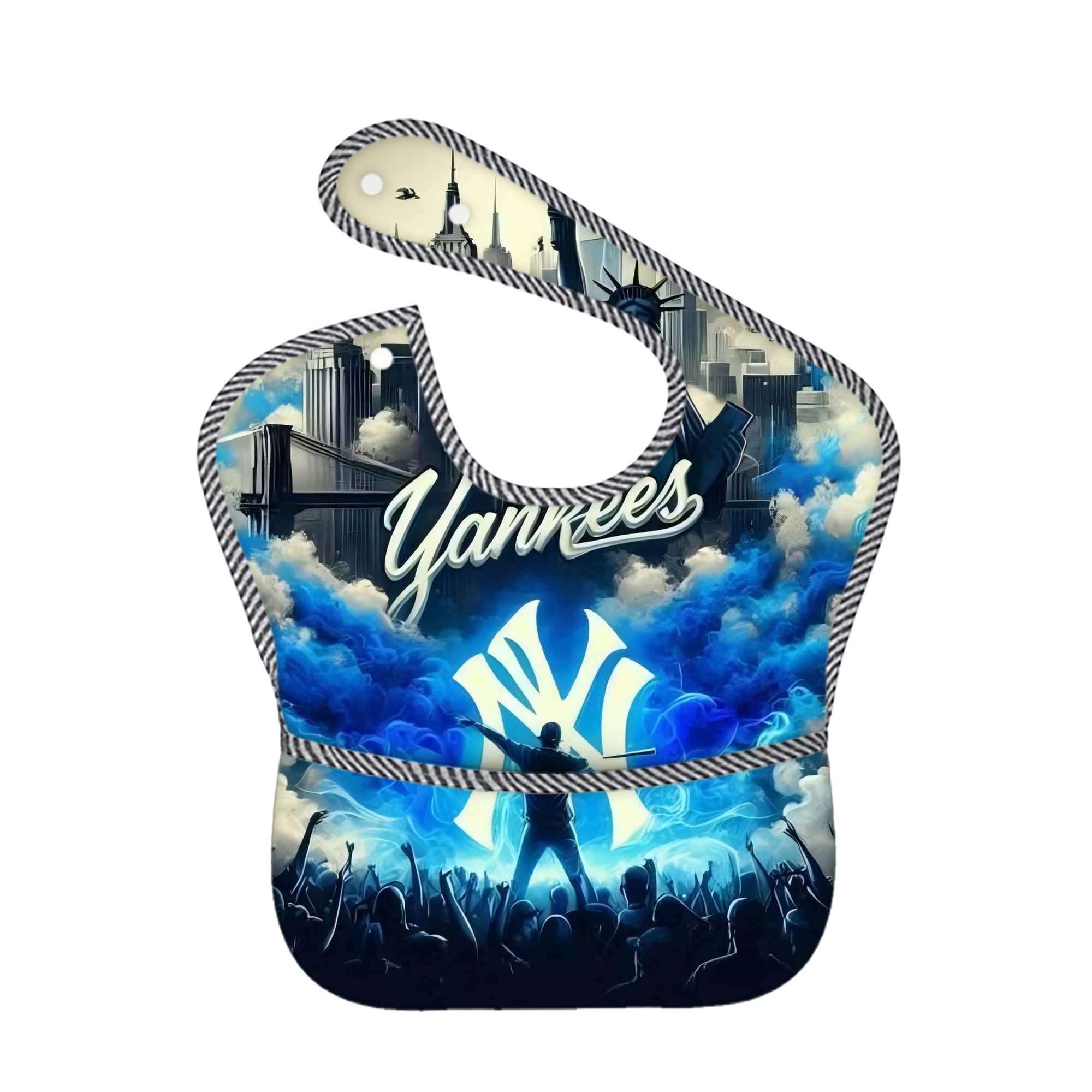 New York Yankees 308 Adjustable Waterproof Toddler Bib – Full-Print Durable Polyester – Foldable Crumb Pocket – Easy Snap Closure – Soft