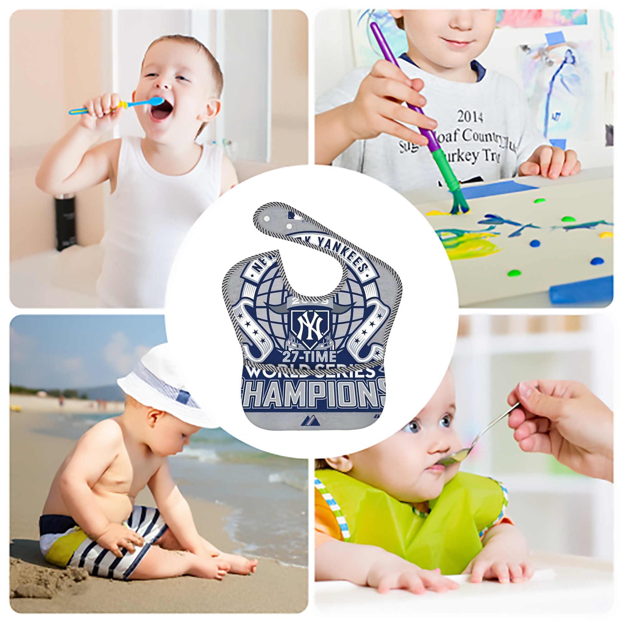 New York Yankees 207 Adjustable Waterproof Toddler Bib – Full-Print Durable Polyester – Foldable Crumb Pocket – Easy Snap Closure – Soft