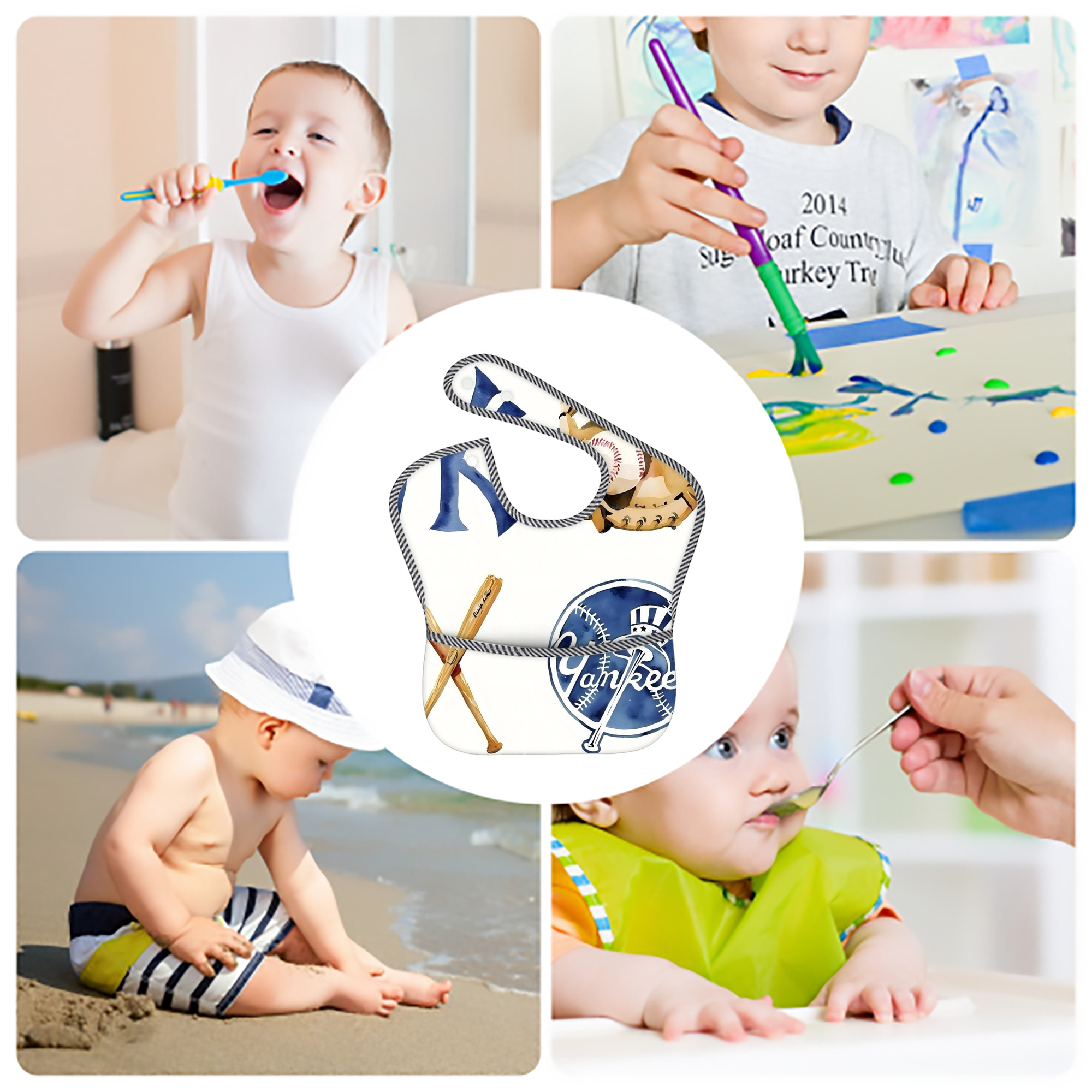 New York Yankees 119 Adjustable Waterproof Toddler Bib – Full-Print Durable Polyester – Foldable Crumb Pocket – Easy Snap Closure – Soft