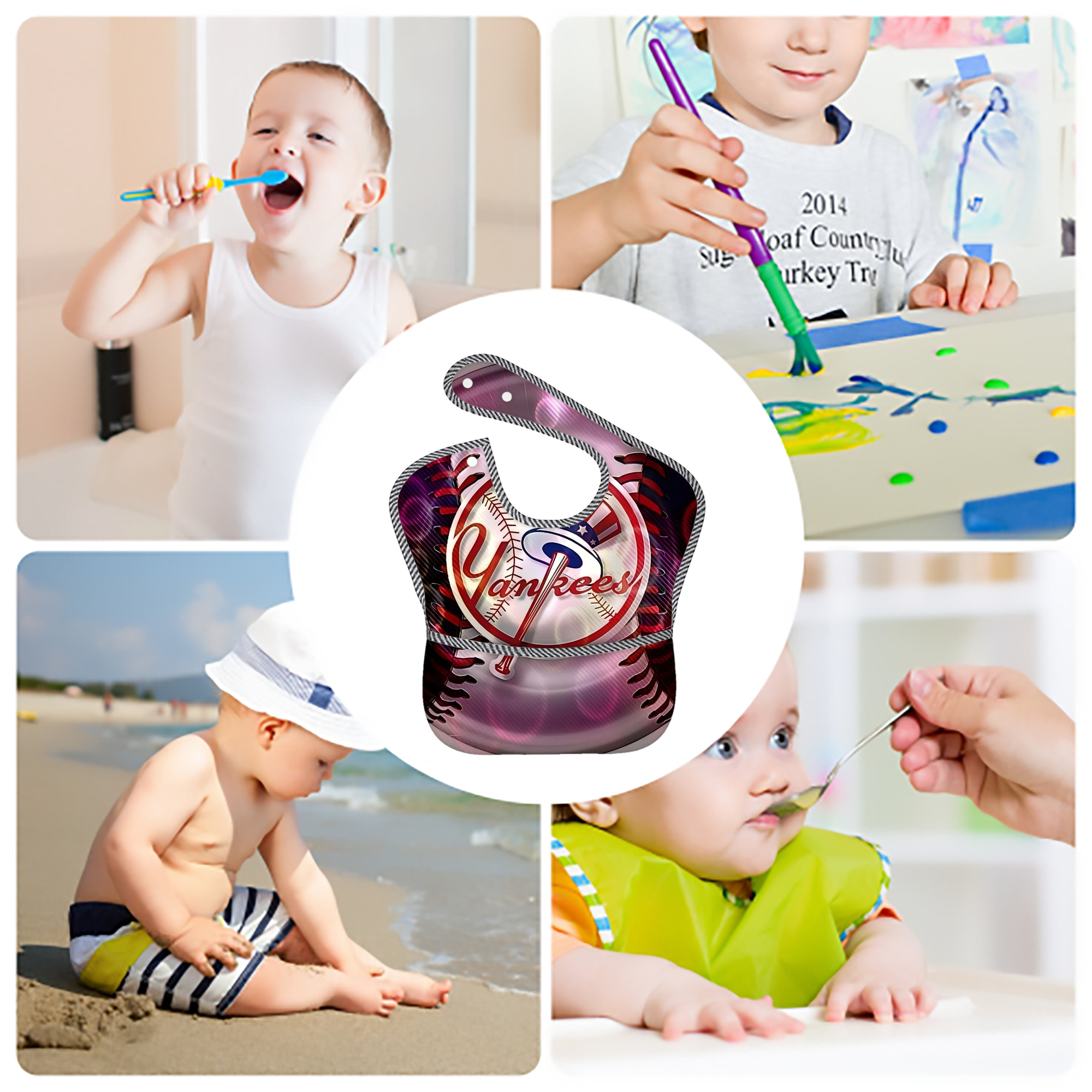 New York Yankees 244 Adjustable Waterproof Toddler Bib – Full-Print Durable Polyester – Foldable Crumb Pocket – Easy Snap Closure – Soft