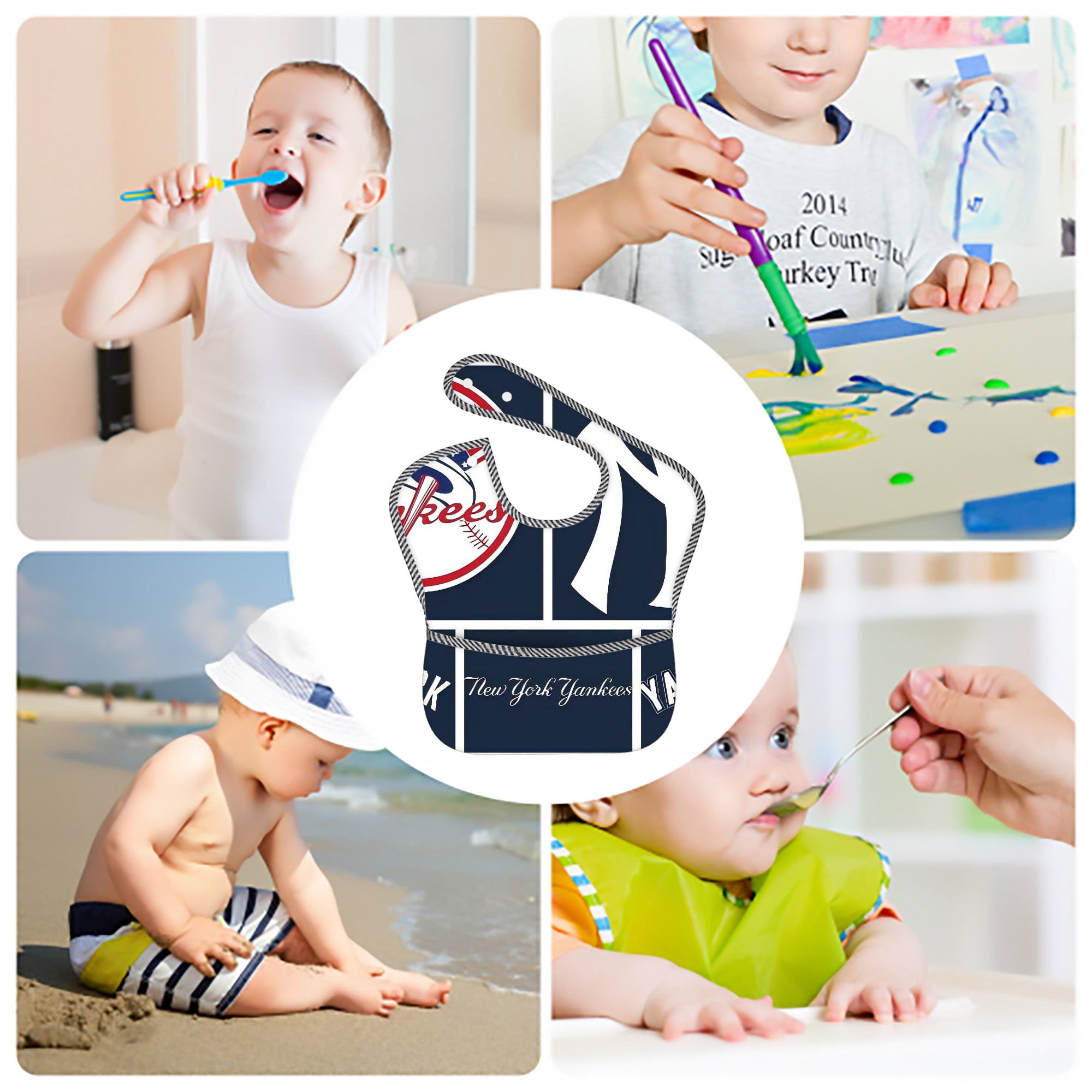 New York Yankees 247 Adjustable Waterproof Toddler Bib – Full-Print Durable Polyester – Foldable Crumb Pocket – Easy Snap Closure – Soft