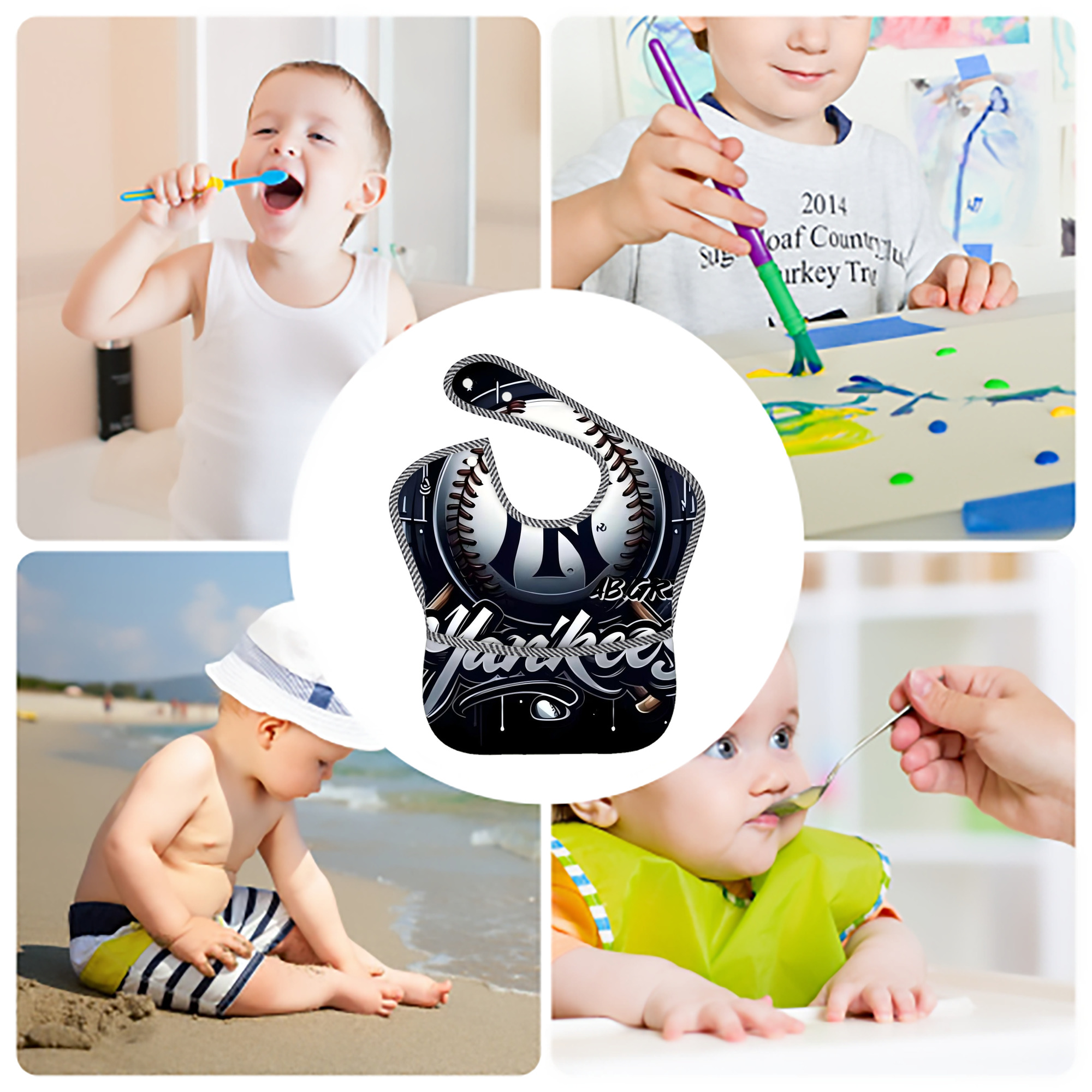 New York Yankees 241 Adjustable Waterproof Toddler Bib – Full-Print Durable Polyester – Foldable Crumb Pocket – Easy Snap Closure – Soft