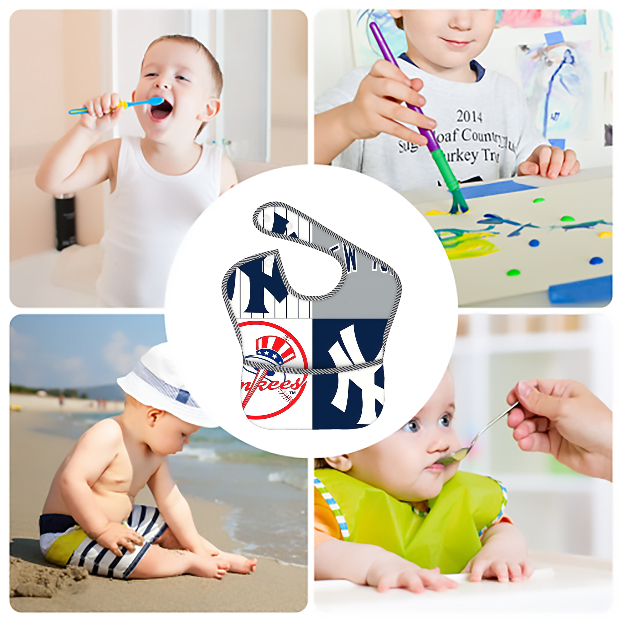 New York Yankees 238 Adjustable Waterproof Toddler Bib – Full-Print Durable Polyester – Foldable Crumb Pocket – Easy Snap Closure – Soft