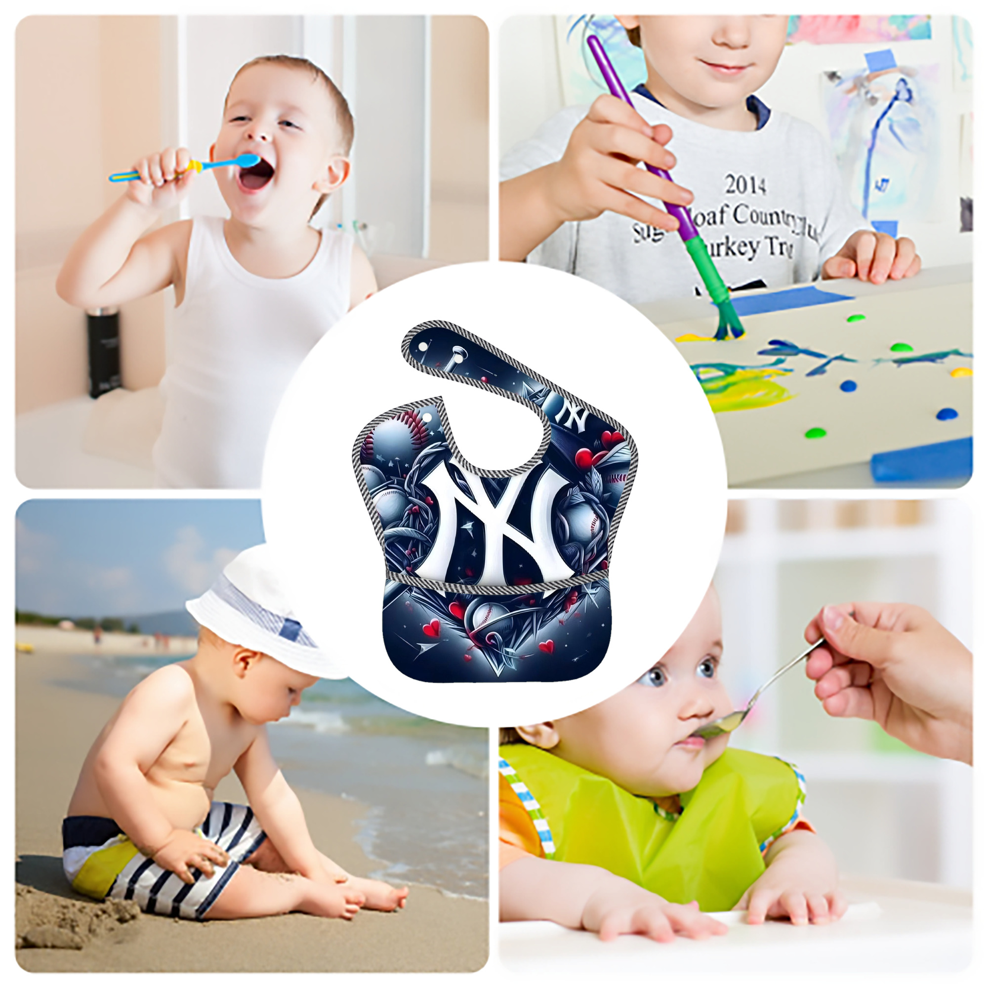 New York Yankees 251 Adjustable Waterproof Toddler Bib – Full-Print Durable Polyester – Foldable Crumb Pocket – Easy Snap Closure – Soft