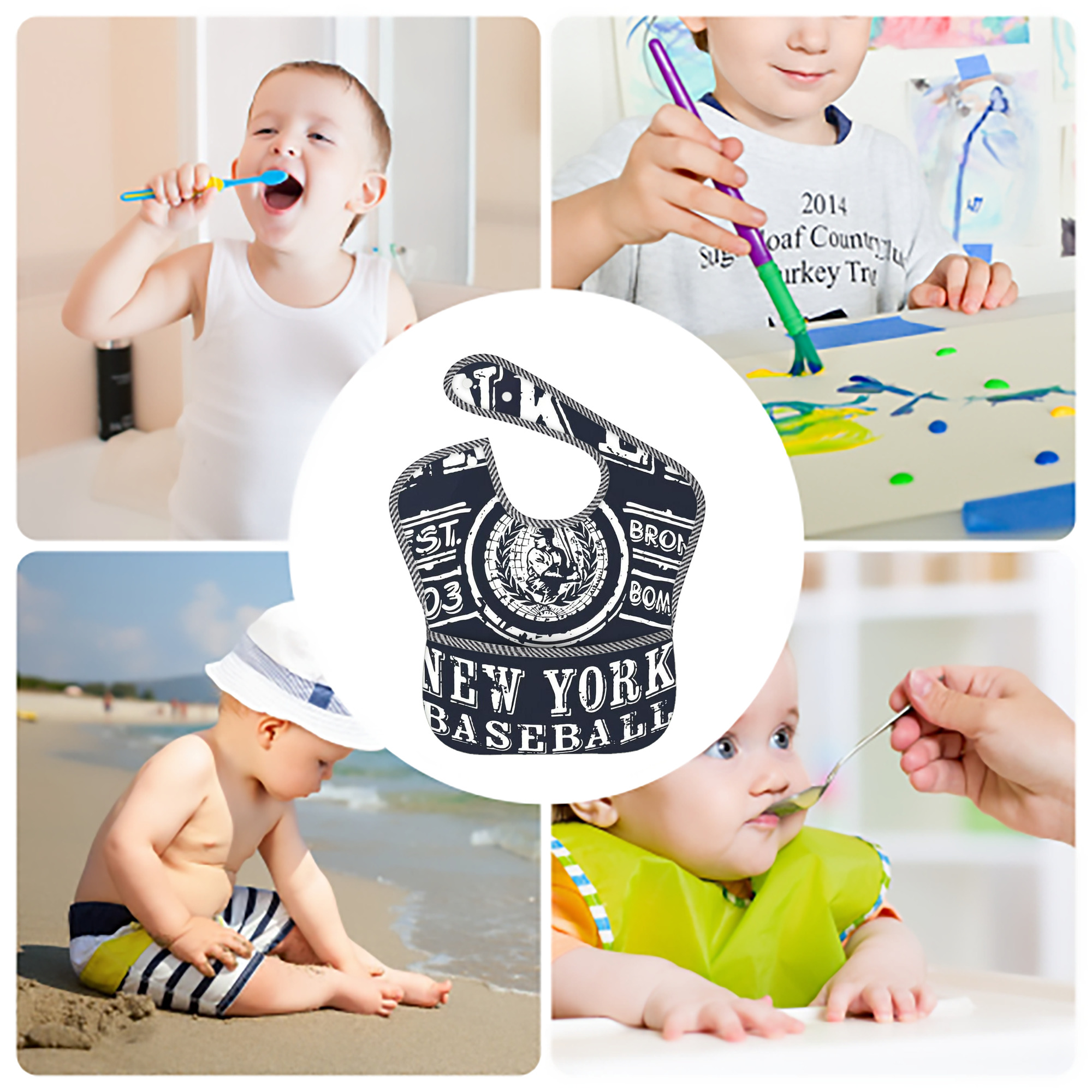 New York Yankees 252 Adjustable Waterproof Toddler Bib – Full-Print Durable Polyester – Foldable Crumb Pocket – Easy Snap Closure – Soft