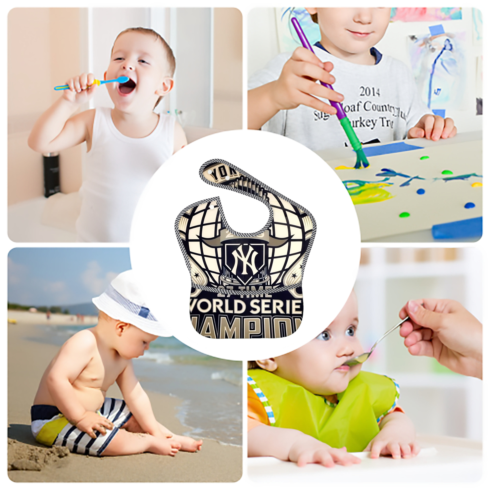 New York Yankees 256 Adjustable Waterproof Toddler Bib – Full-Print Durable Polyester – Foldable Crumb Pocket – Easy Snap Closure – Soft