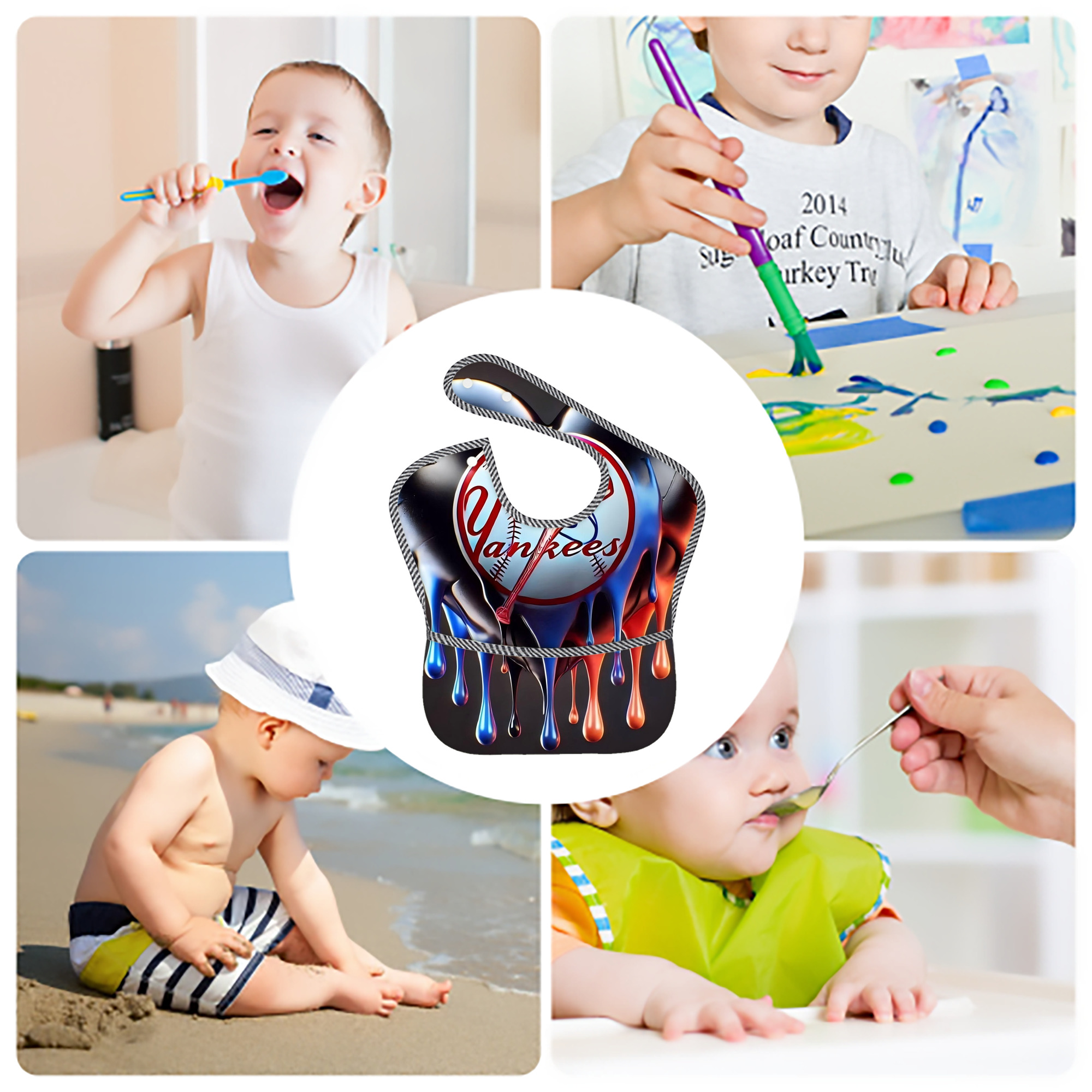 New York Yankees Heart Adjustable Waterproof Toddler Bib – Full-Print Durable Polyester – Foldable Crumb Pocket – Easy Snap Closure – Soft