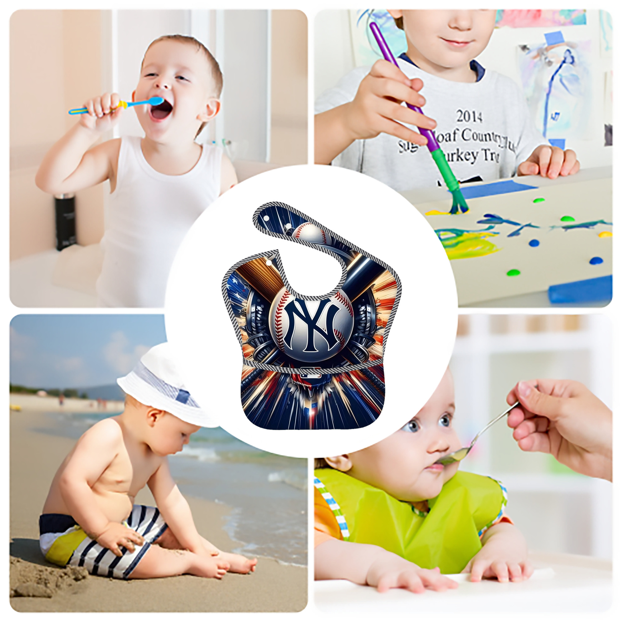 New York Yankees 268 Adjustable Waterproof Toddler Bib – Full-Print Durable Polyester – Foldable Crumb Pocket – Easy Snap Closure – Soft