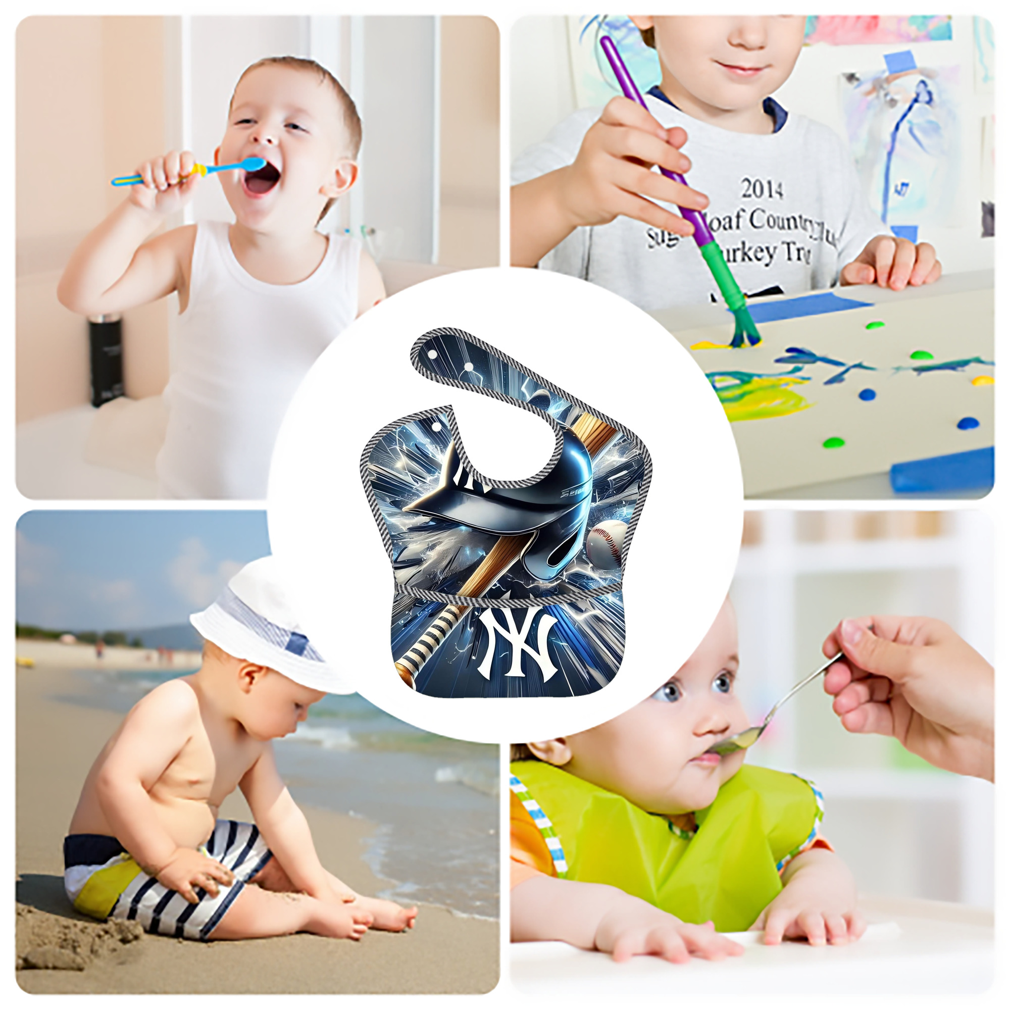 New York Yankees 264 Adjustable Waterproof Toddler Bib – Full-Print Durable Polyester – Foldable Crumb Pocket – Easy Snap Closure – Soft