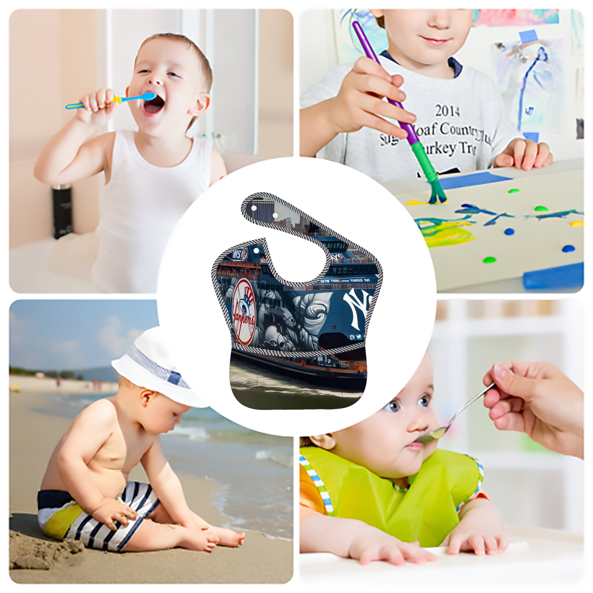 New York Yankees 299 Adjustable Waterproof Toddler Bib – Full-Print Durable Polyester – Foldable Crumb Pocket – Easy Snap Closure – Soft