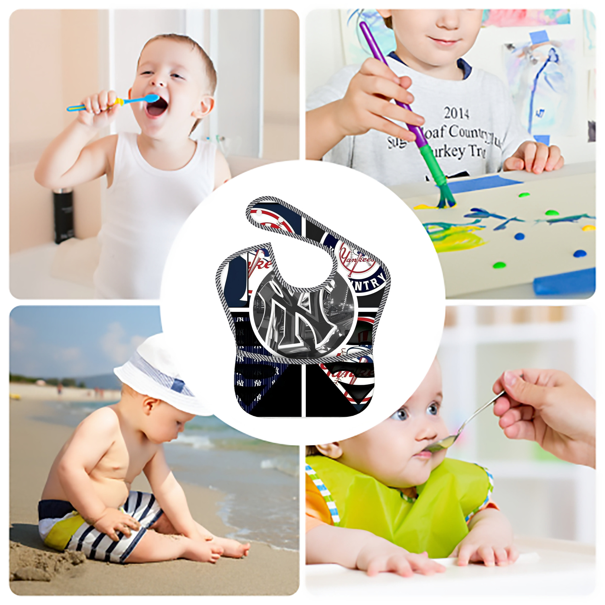 New York Yankees 269 Adjustable Waterproof Toddler Bib – Full-Print Durable Polyester – Foldable Crumb Pocket – Easy Snap Closure – Soft