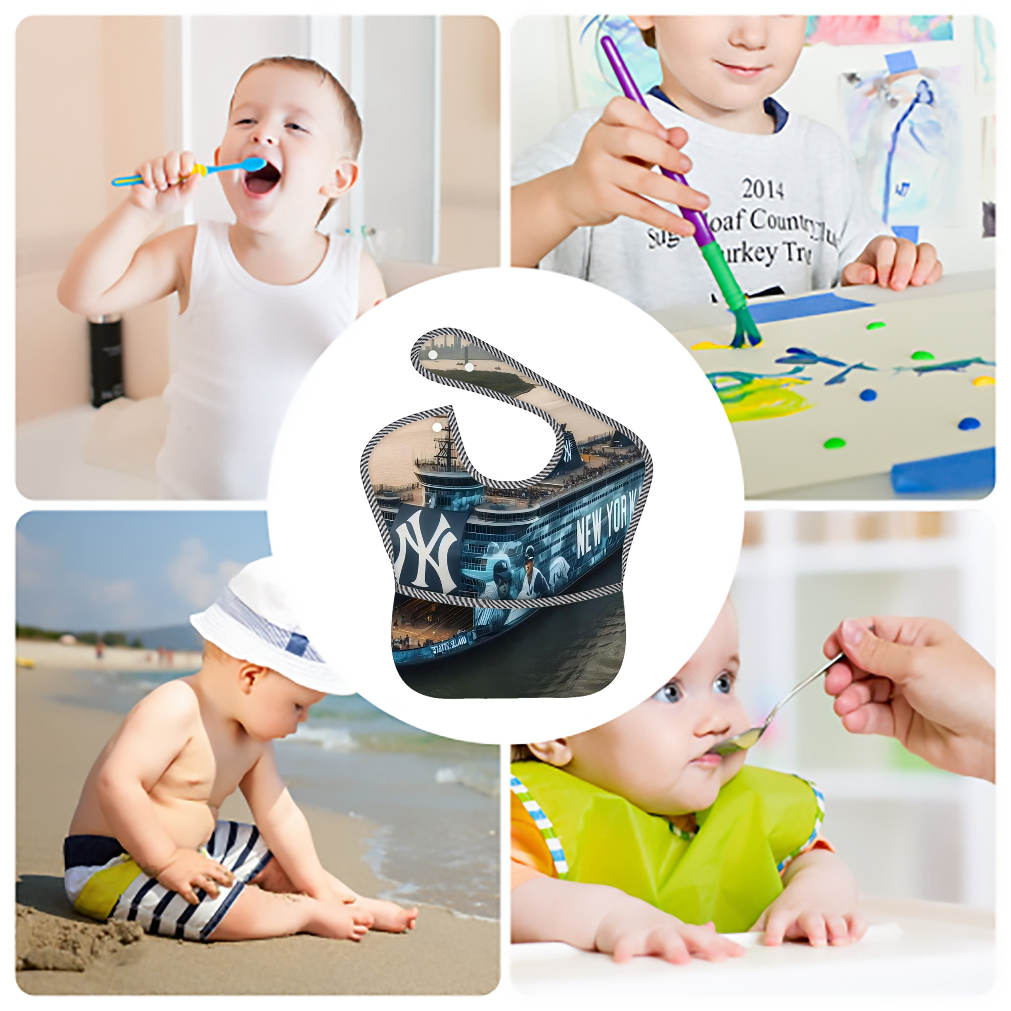 New York Yankees 306 Adjustable Waterproof Toddler Bib – Full-Print Durable Polyester – Foldable Crumb Pocket – Easy Snap Closure – Soft