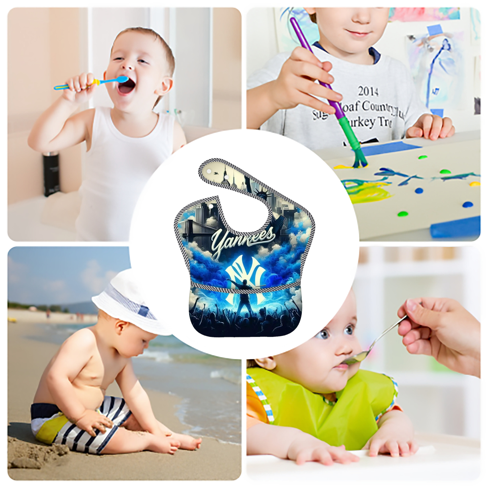 New York Yankees 308 Adjustable Waterproof Toddler Bib – Full-Print Durable Polyester – Foldable Crumb Pocket – Easy Snap Closure – Soft