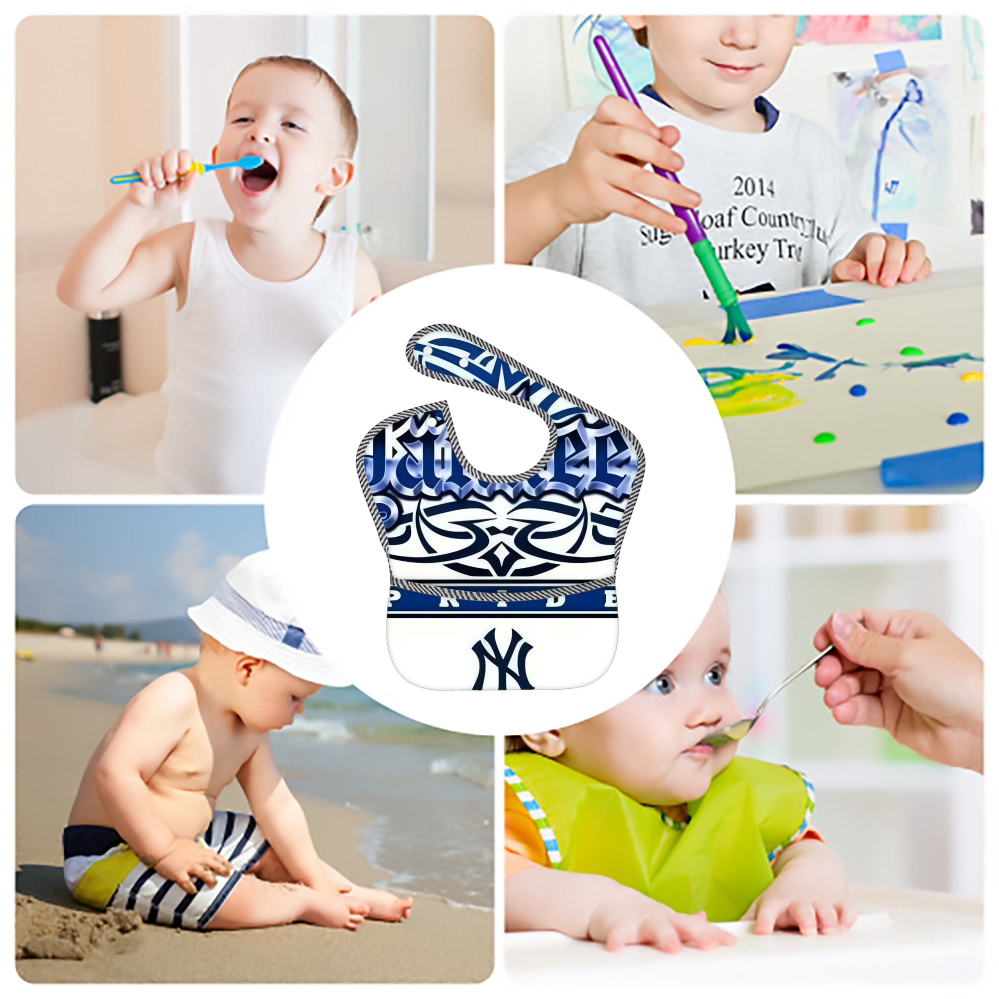 New York Yankees 304 Adjustable Waterproof Toddler Bib – Full-Print Durable Polyester – Foldable Crumb Pocket – Easy Snap Closure – Soft