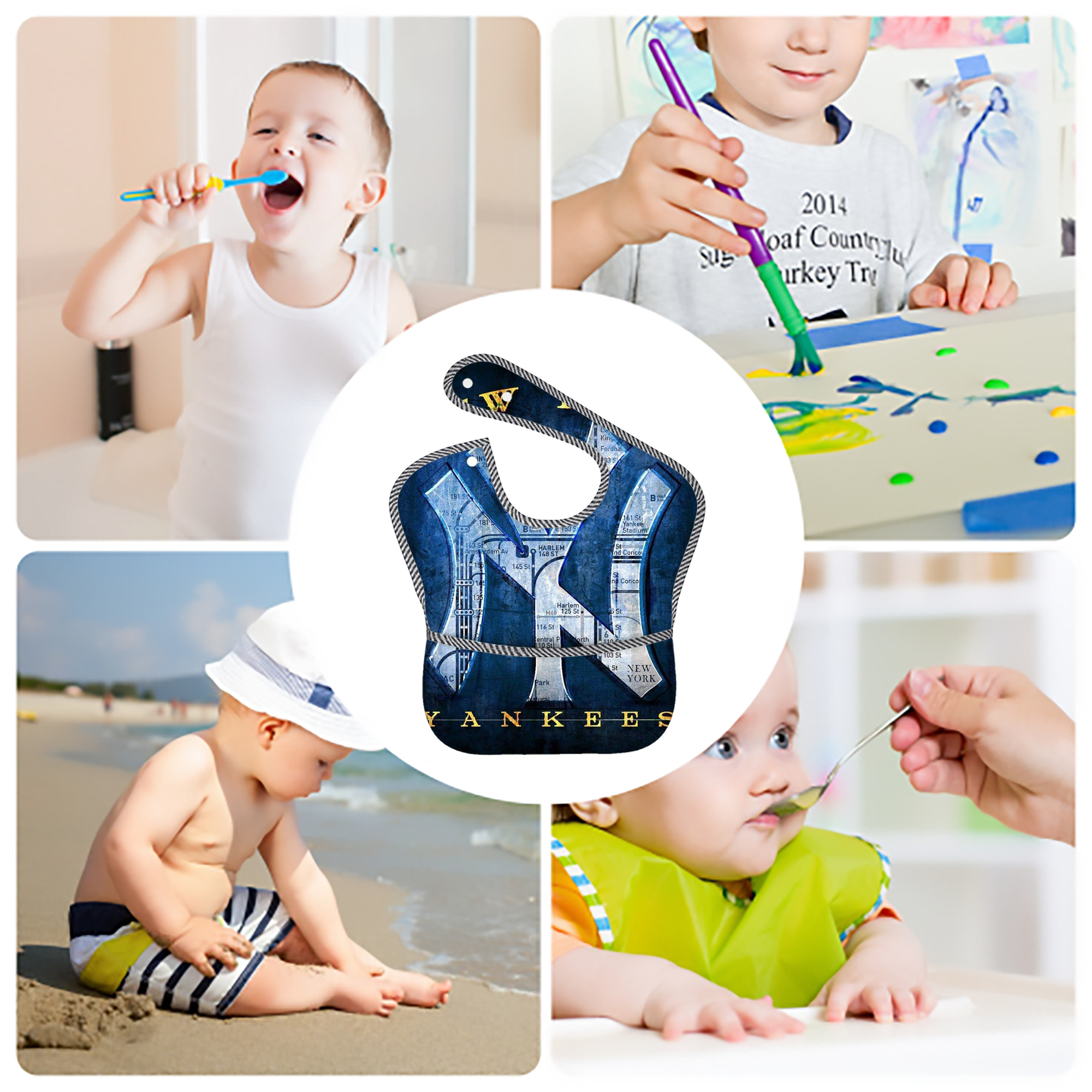 New York Yankees 307 Adjustable Waterproof Toddler Bib – Full-Print Durable Polyester – Foldable Crumb Pocket – Easy Snap Closure – Soft