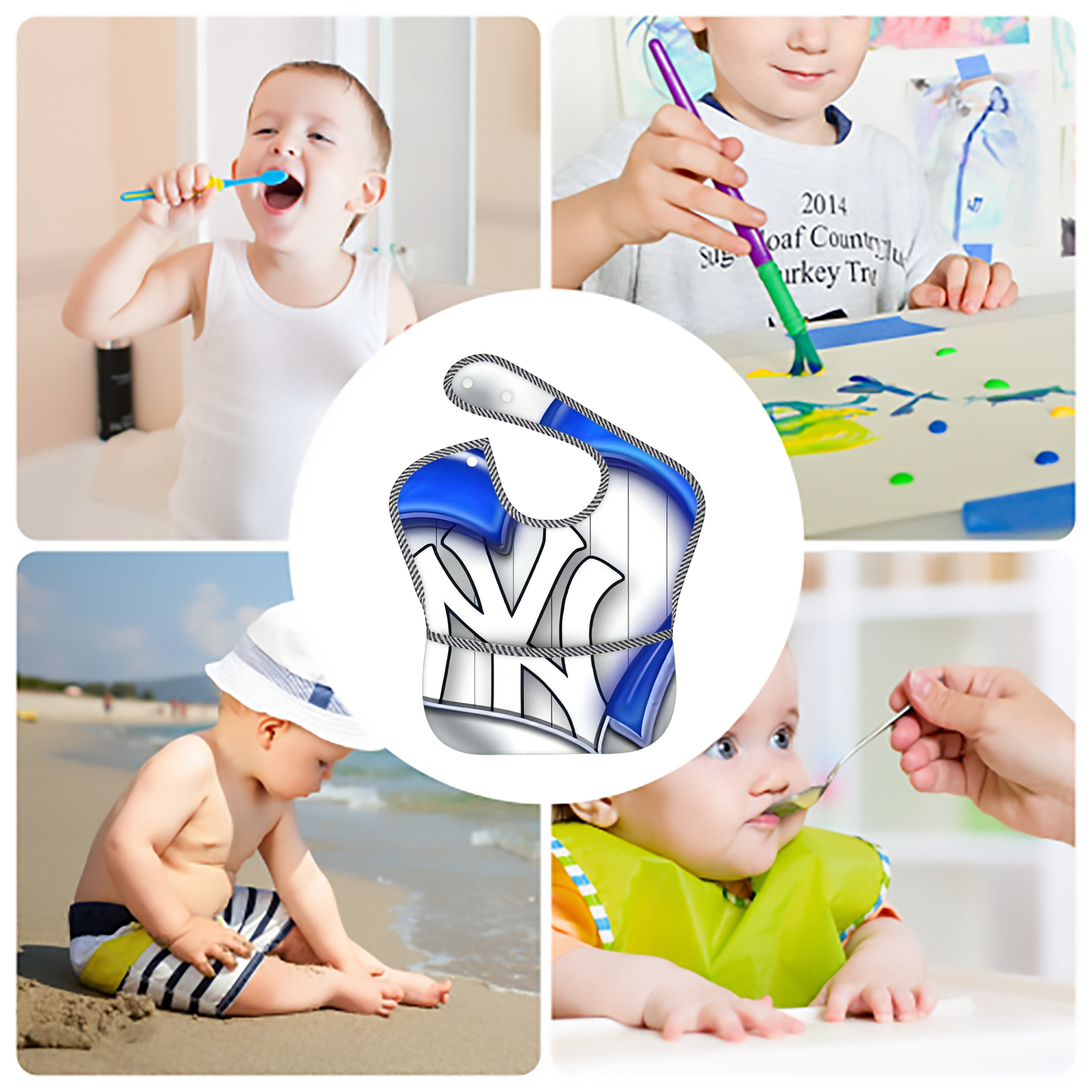 New York Yankees 310 Adjustable Waterproof Toddler Bib – Full-Print Durable Polyester – Foldable Crumb Pocket – Easy Snap Closure – Soft