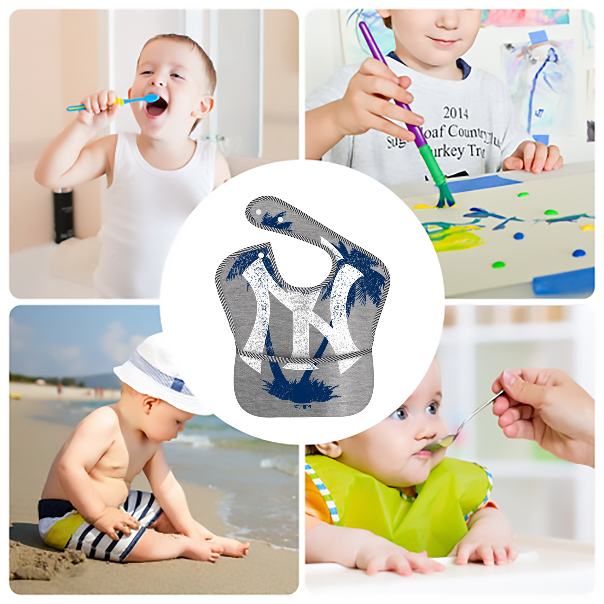 New York Yankees 338 Adjustable Waterproof Toddler Bib – Full-Print Durable Polyester – Foldable Crumb Pocket – Easy Snap Closure – Soft