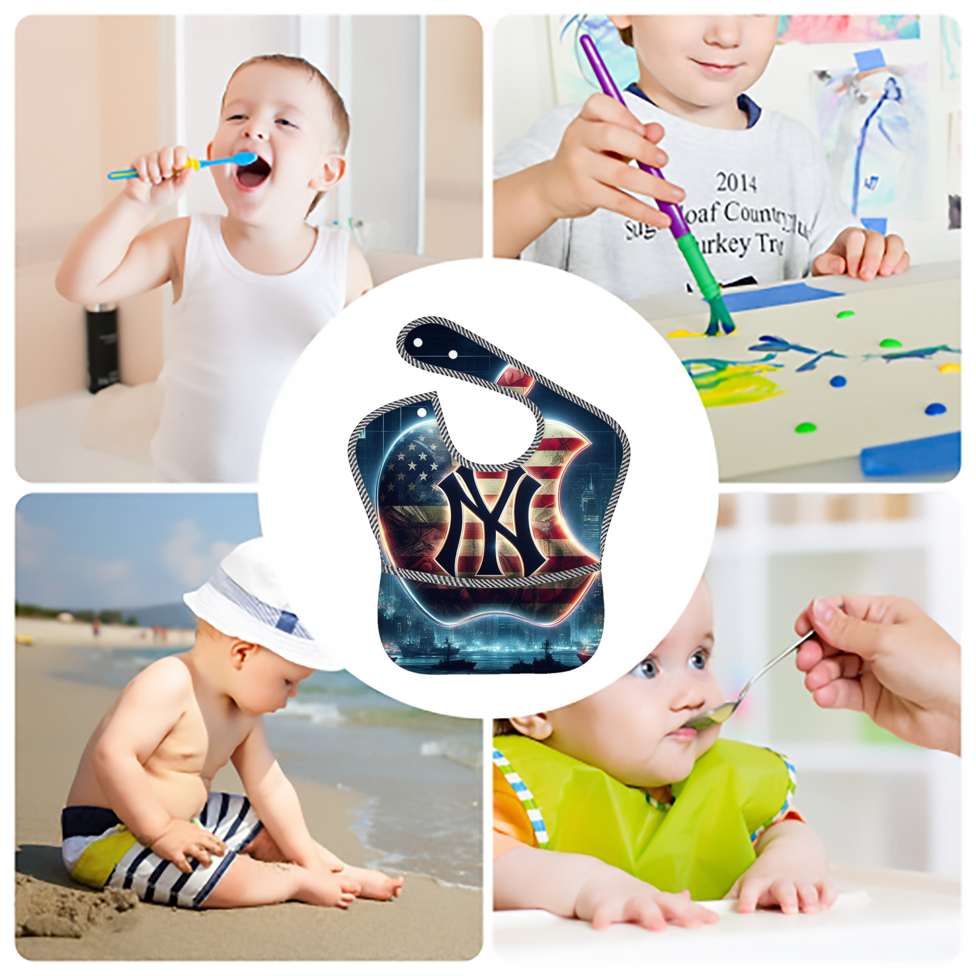 New York Yankees 347 Adjustable Waterproof Toddler Bib – Full-Print Durable Polyester – Foldable Crumb Pocket – Easy Snap Closure – Soft