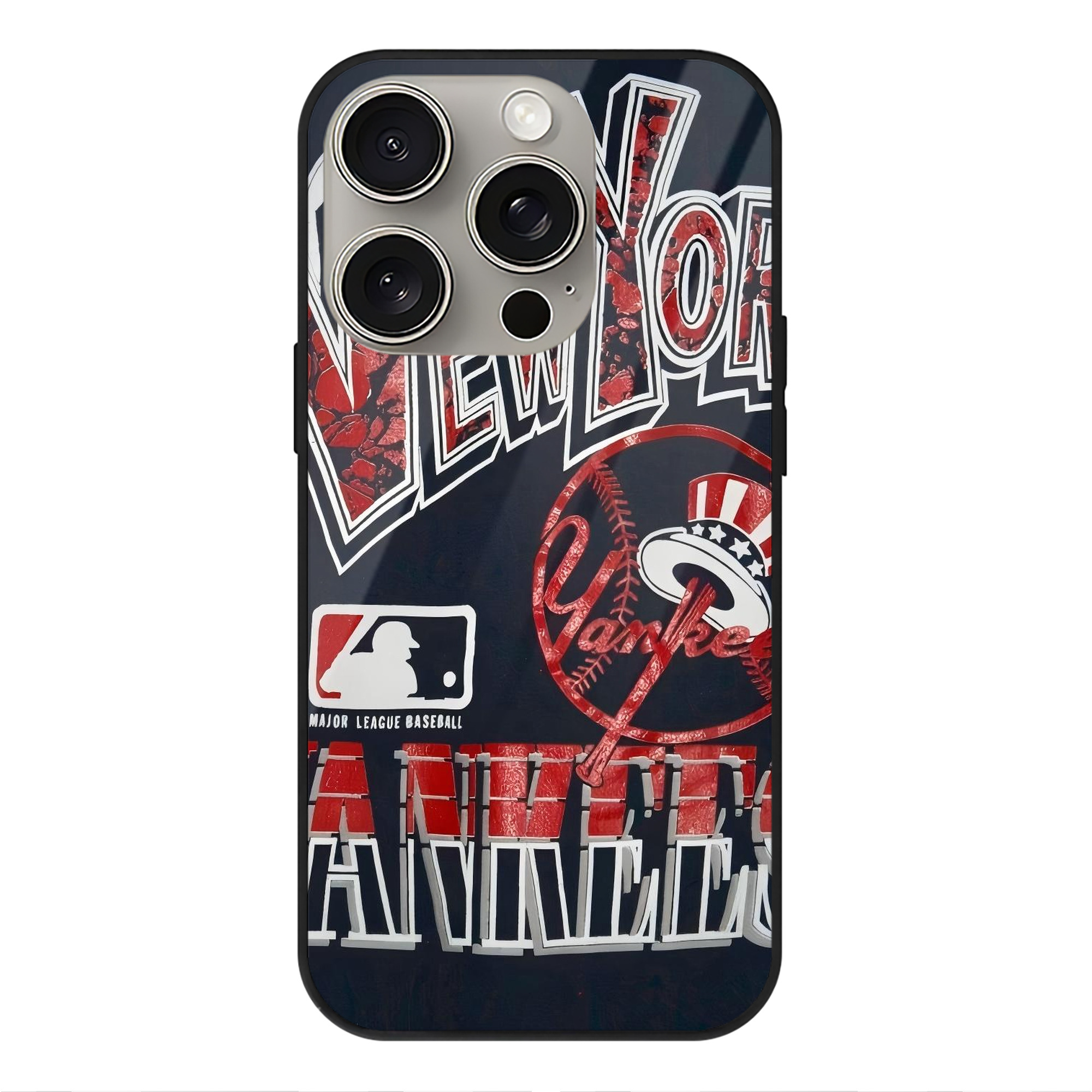 New York Yankees 125 IPhone 15 Pro Mirror Phone Case – UV Printed Glass + TPU – Scratch-Resistant, Wireless Charging Compatible, Precise Fit & Stylish Design