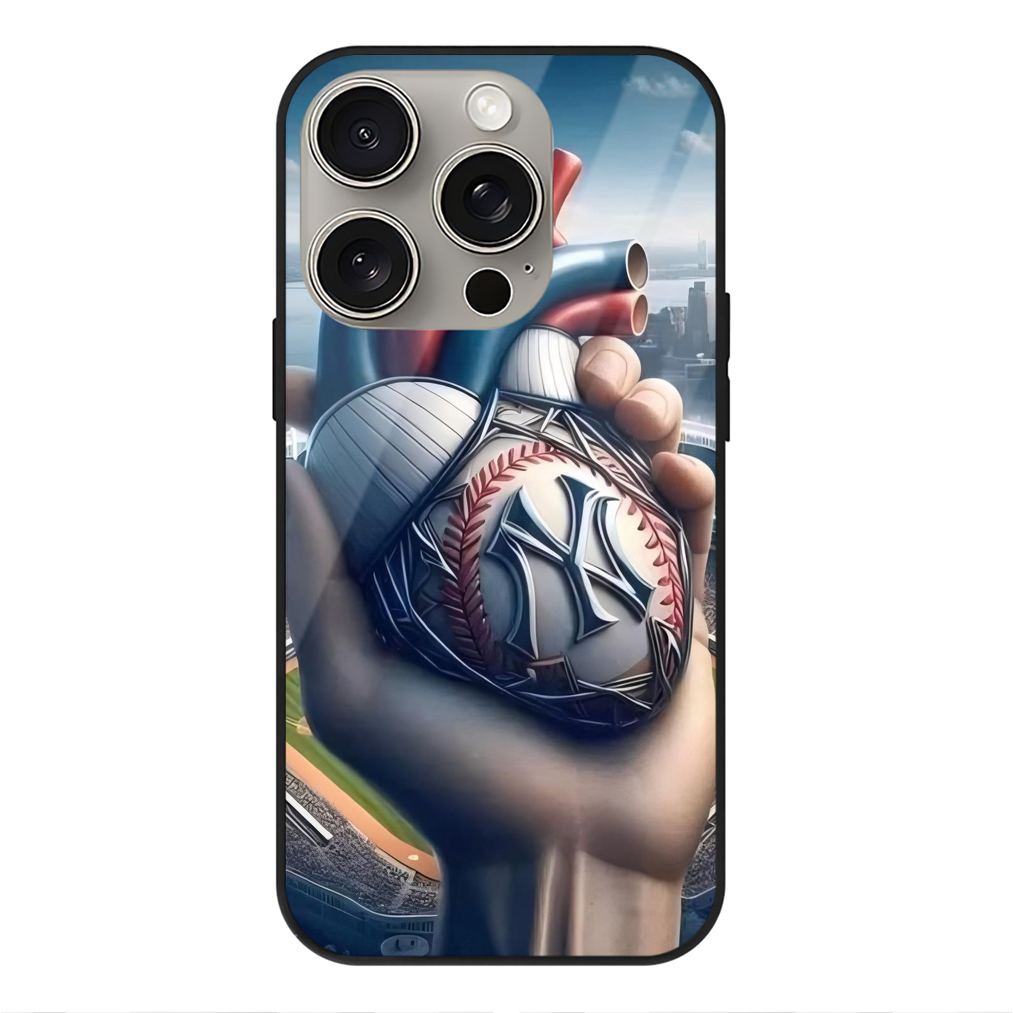 New York Yankees Heart IPhone 15 Pro Mirror Phone Case – UV Printed Glass + TPU – Scratch-Resistant, Wireless Charging Compatible, Precise Fit & Stylish Design