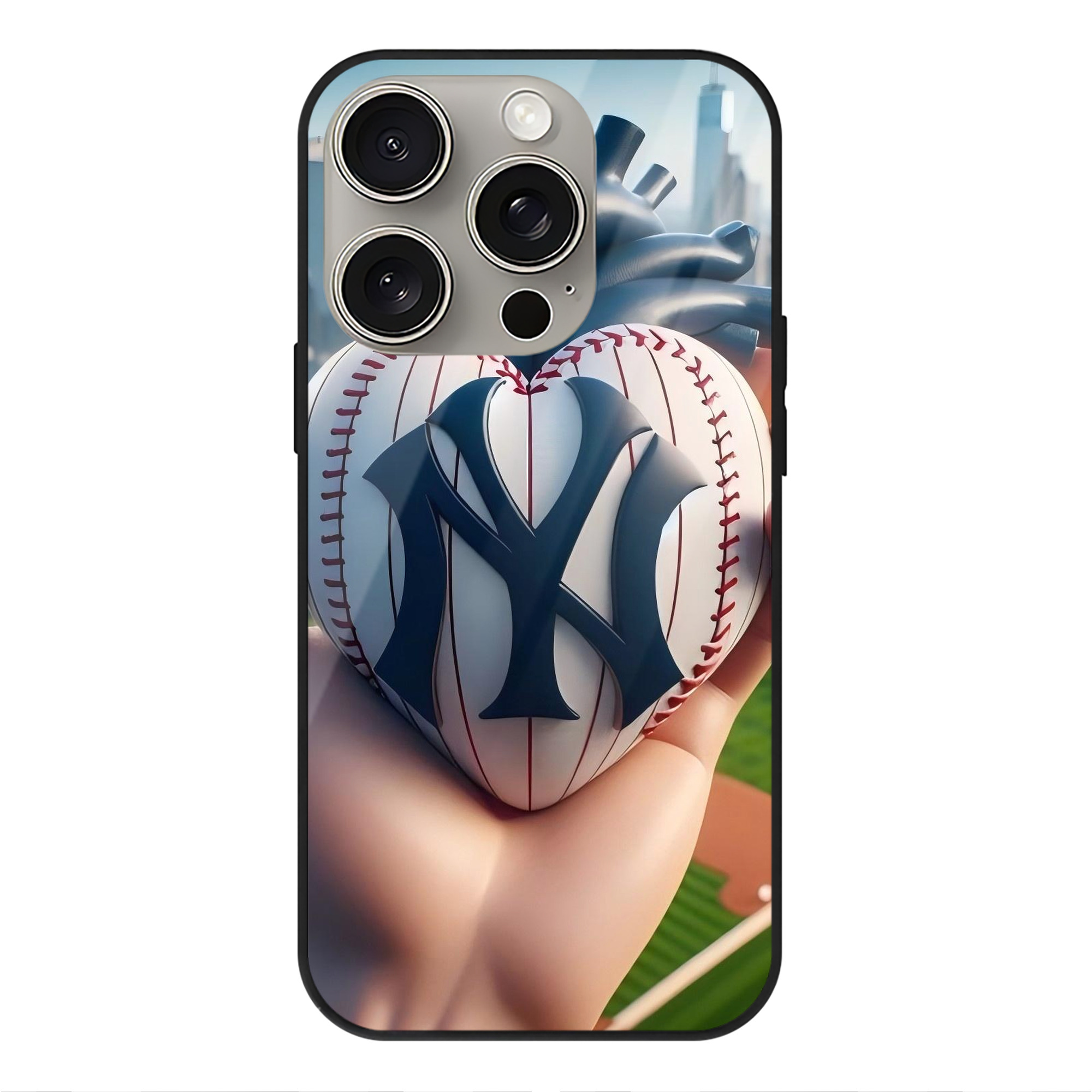 New York Yankees Heart IPhone 15 Pro Mirror Phone Case – UV Printed Glass + TPU – Scratch-Resistant, Wireless Charging Compatible, Precise Fit & Stylish Design