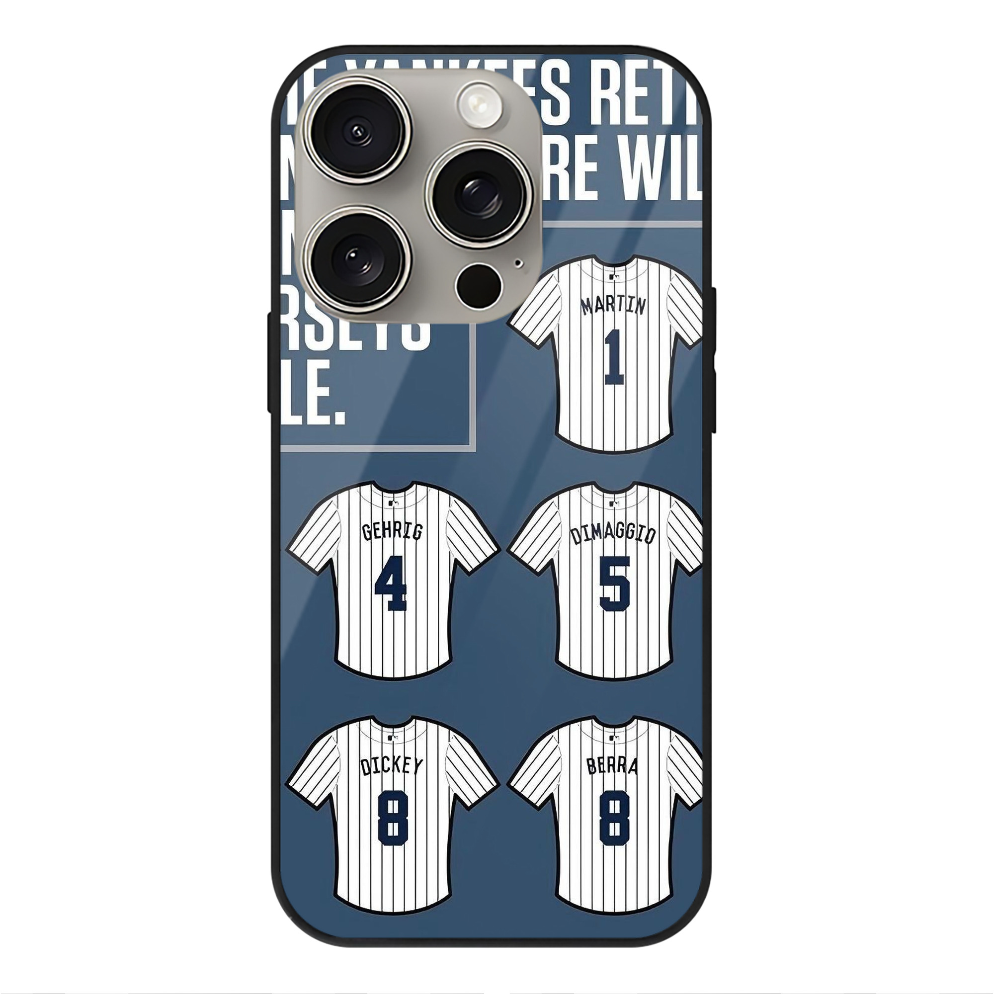 New York Yankees Retire Single Number IPhone 15 Pro Mirror Phone Case – UV Printed Glass + TPU – Scratch-Resistant, Wireless Charging Compatible, Precise Fit & Stylish Design