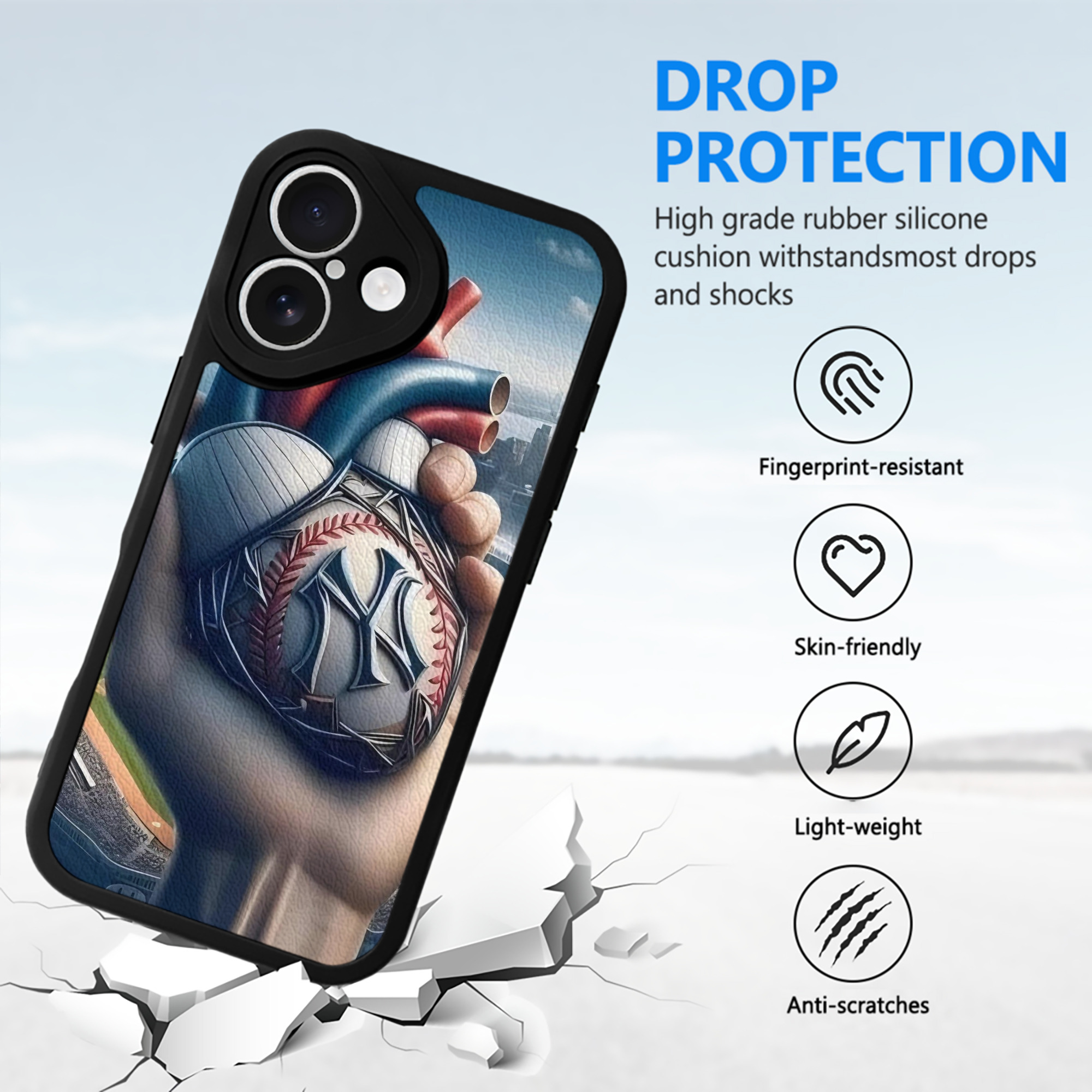 New York Yankees Heart IPhone 16 Silicone Leather Case – UV Print, Lambskin Texture – Perfect Fit, Wireless Charging Compatible, Scratch Resistant, Precise Cutouts – Stylish Protection For IPhone 16