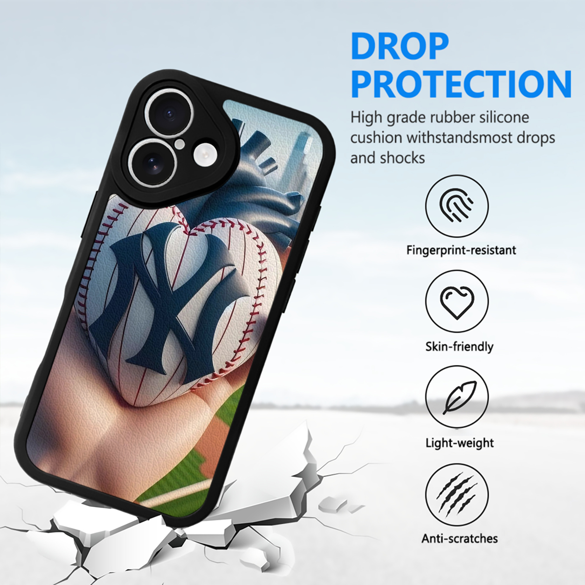 New York Yankees Heart IPhone 16 Silicone Leather Case – UV Print, Lambskin Texture – Perfect Fit, Wireless Charging Compatible, Scratch Resistant, Precise Cutouts – Stylish Protection For IPhone 16